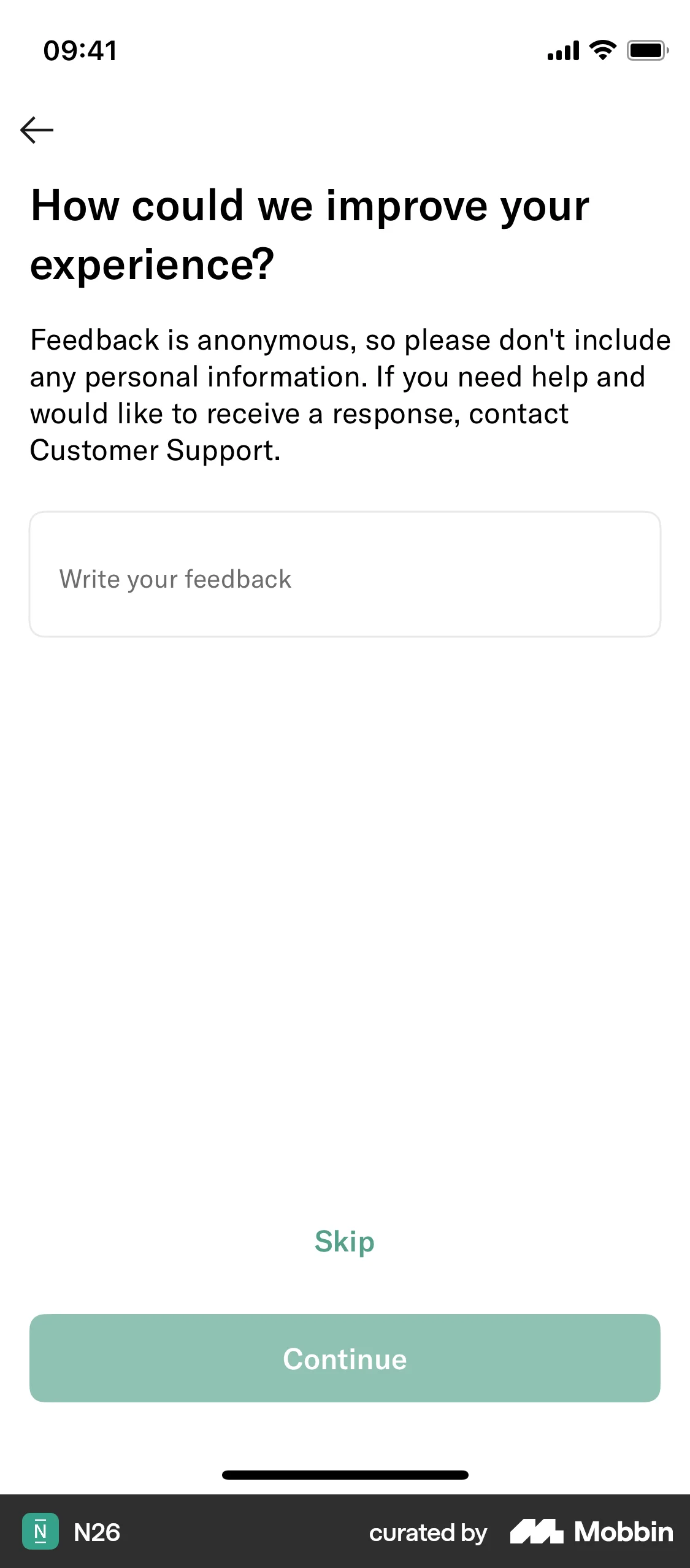 N26 iOS Feedback screen