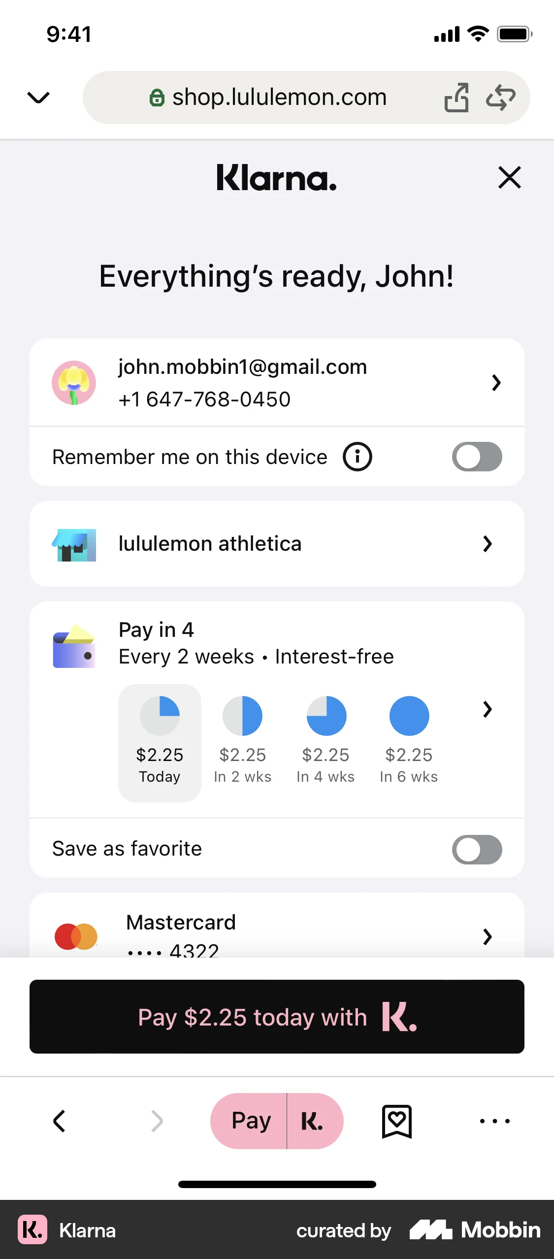 Klarna iOS Checkout screen