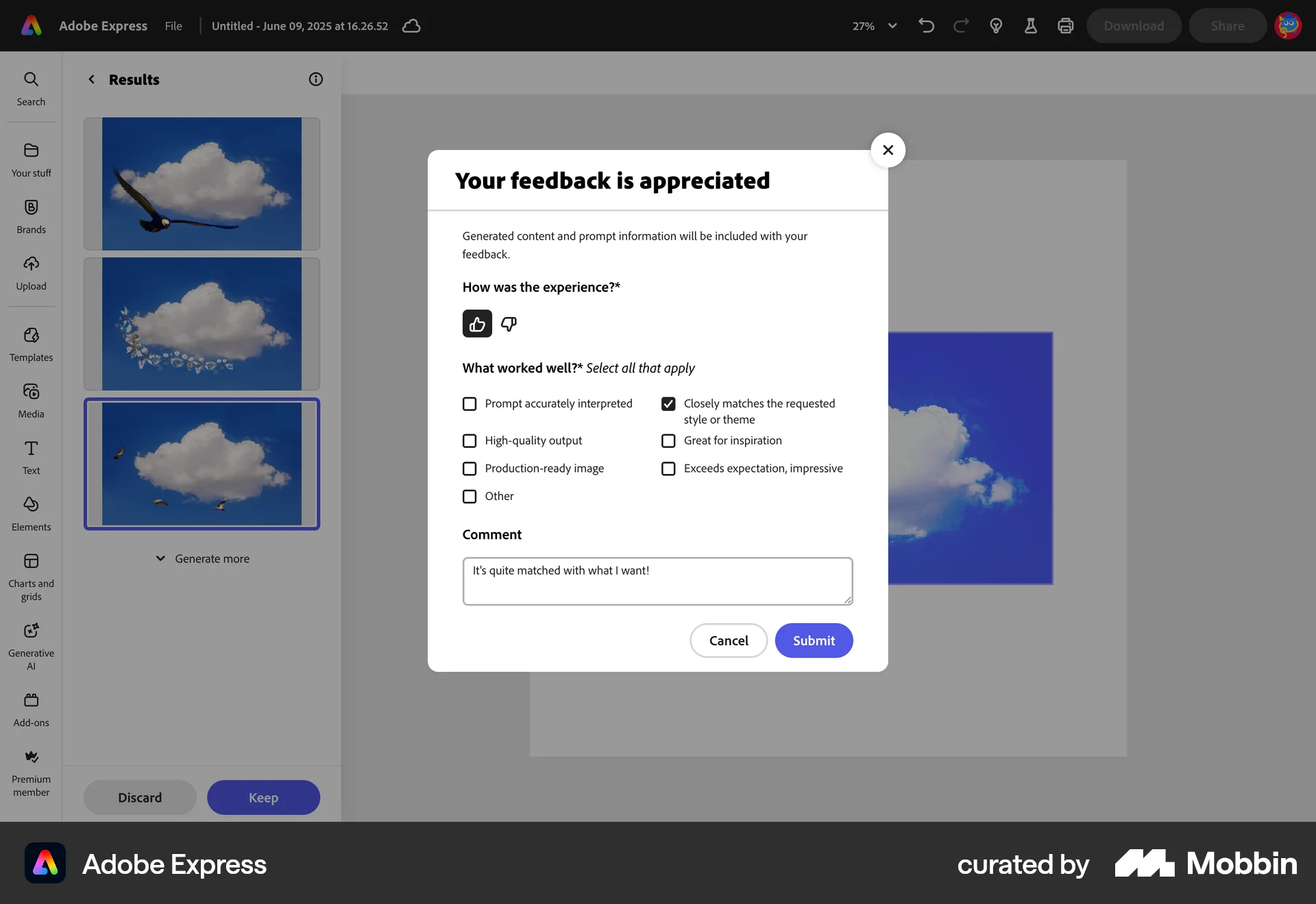 Adobe Express Web screen containing Rating Control UI element