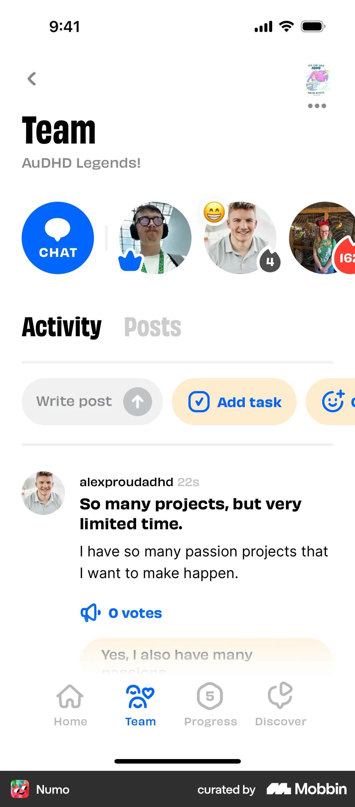 Numo iOS Social Feed screen