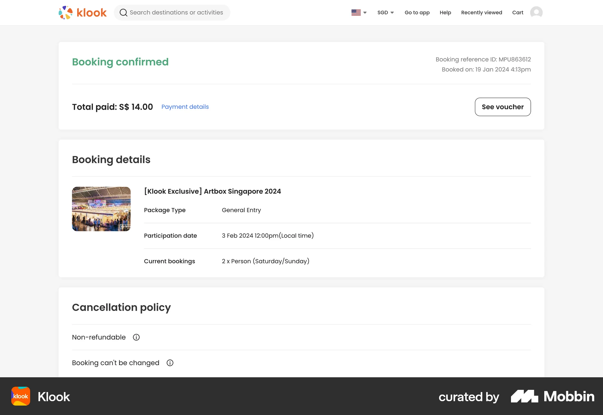Klook Web Order Detail screen