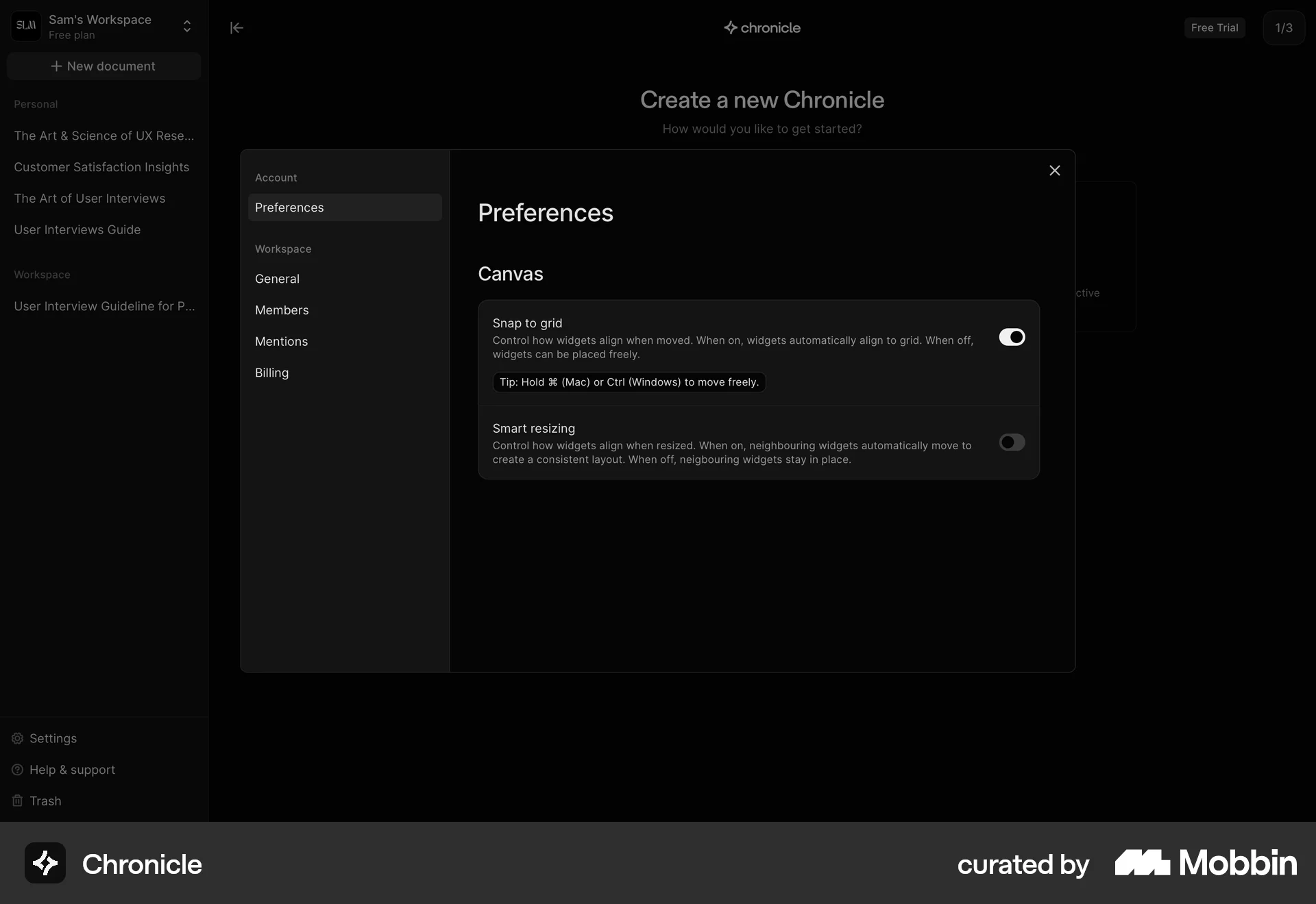 Chronicle Web Settings & Preferences screen