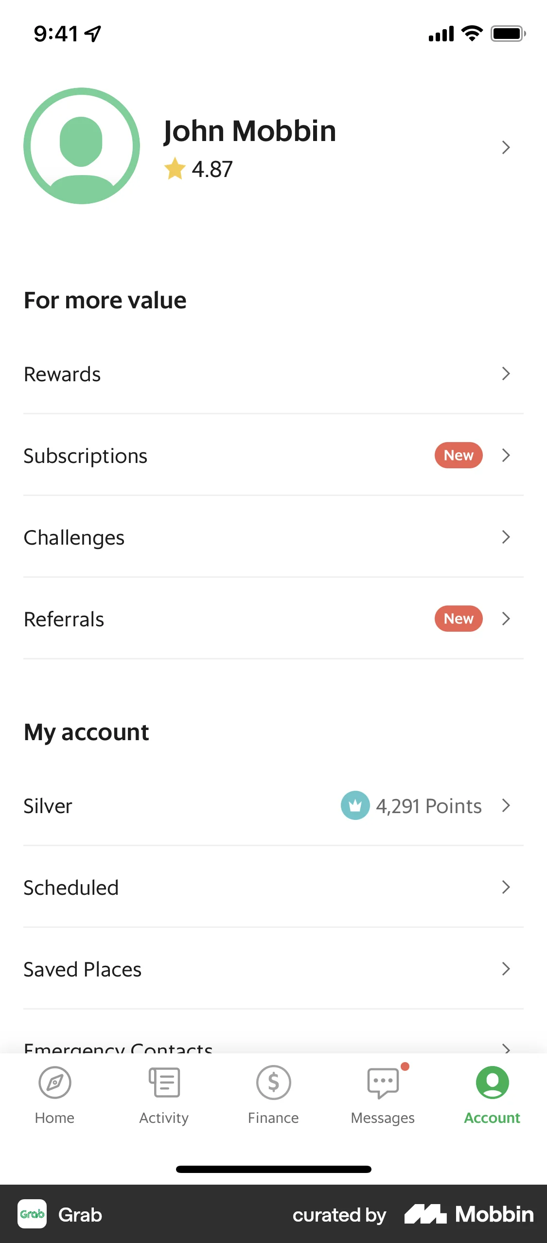 Grab iOS screen containing Tab Bar UI element