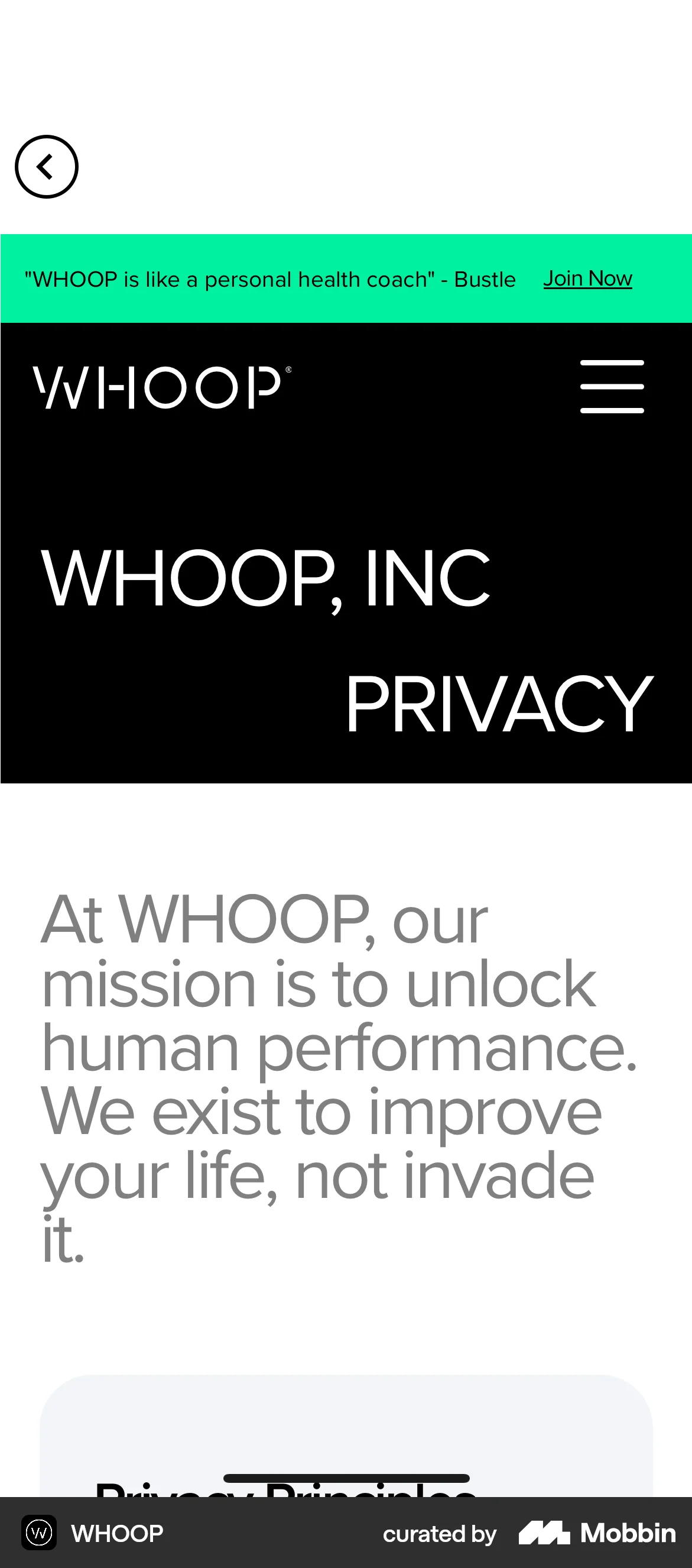 WHOOP iOS Privacy Policy screen