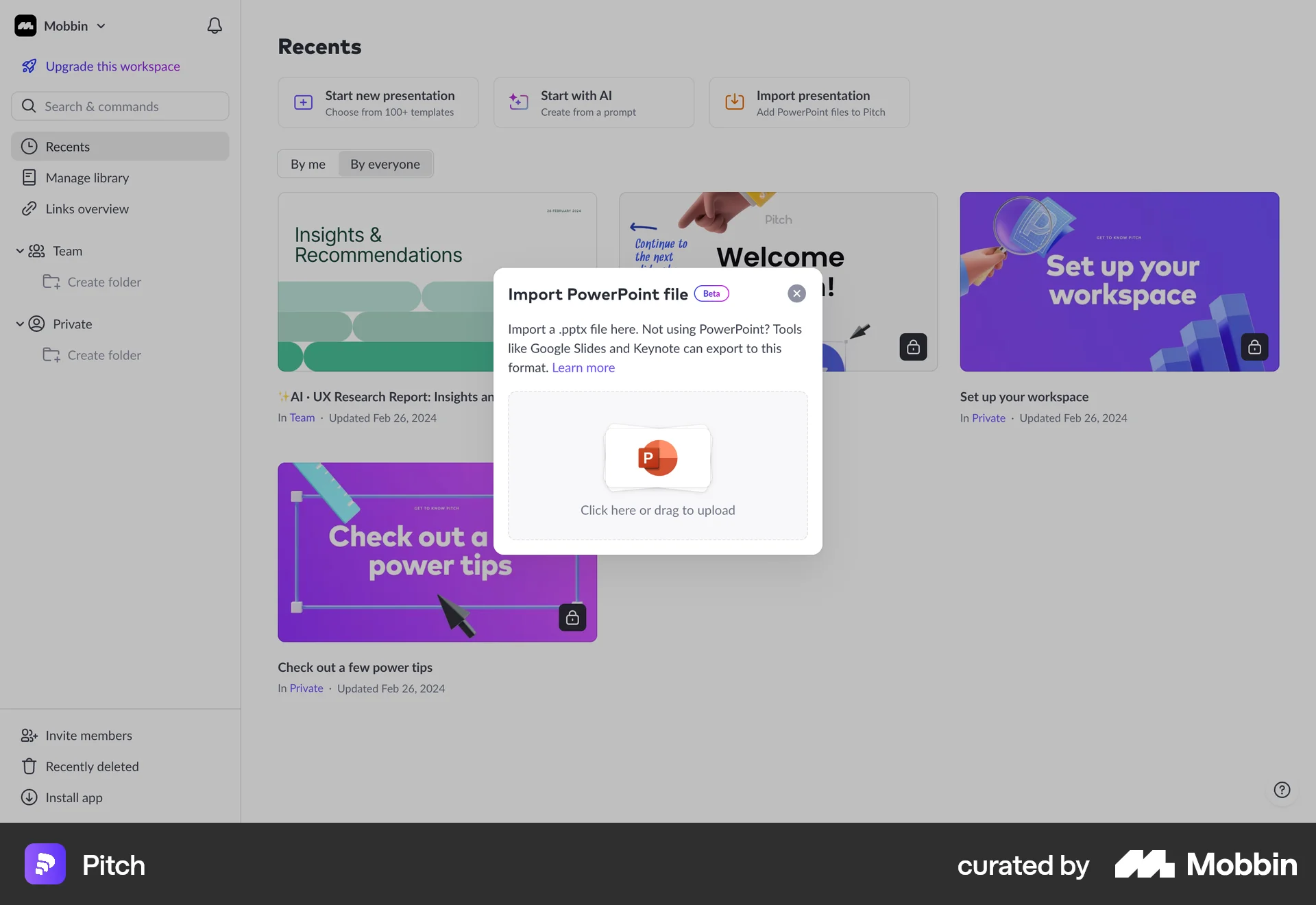 Pitch Web screen containing File Upload UI element