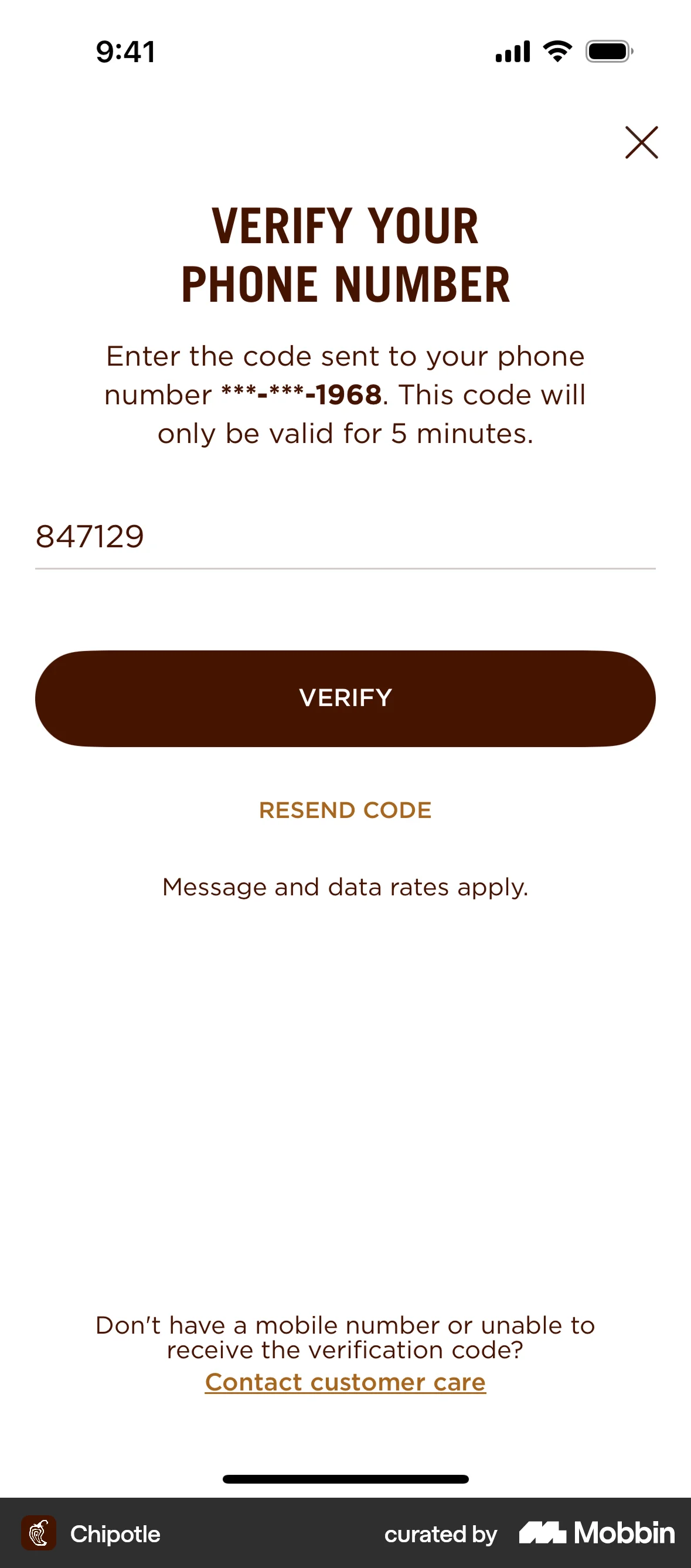 Chipotle iOS Verification screen
