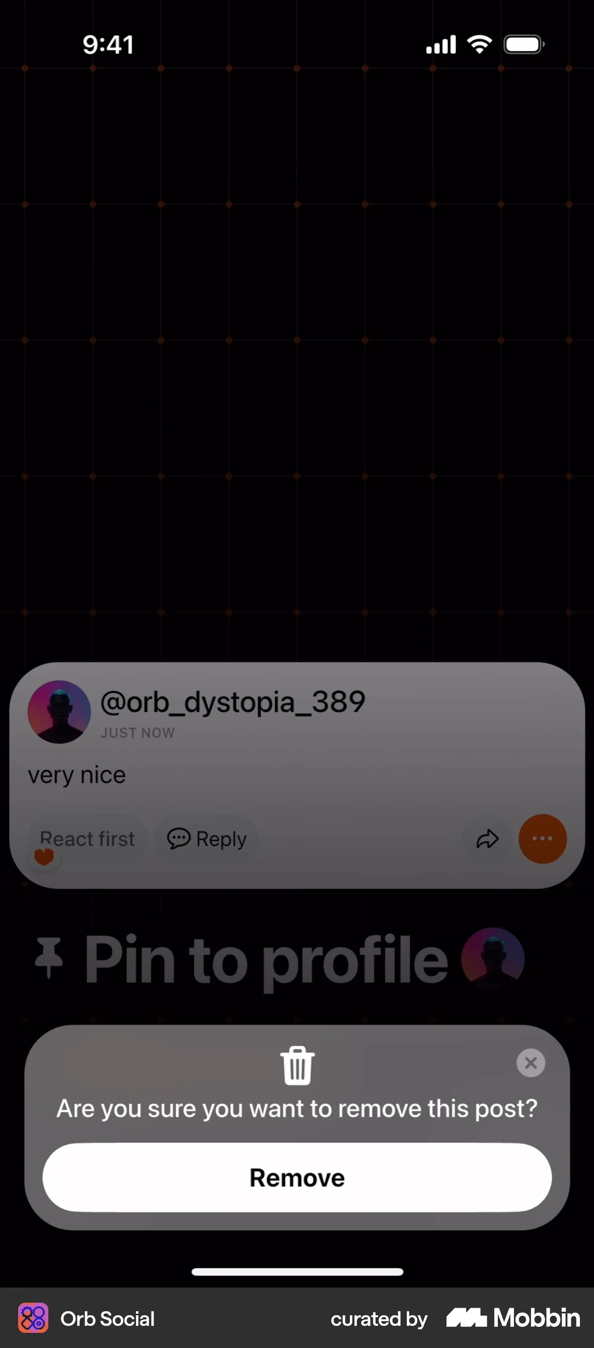 Orb Social iOS Delete screen