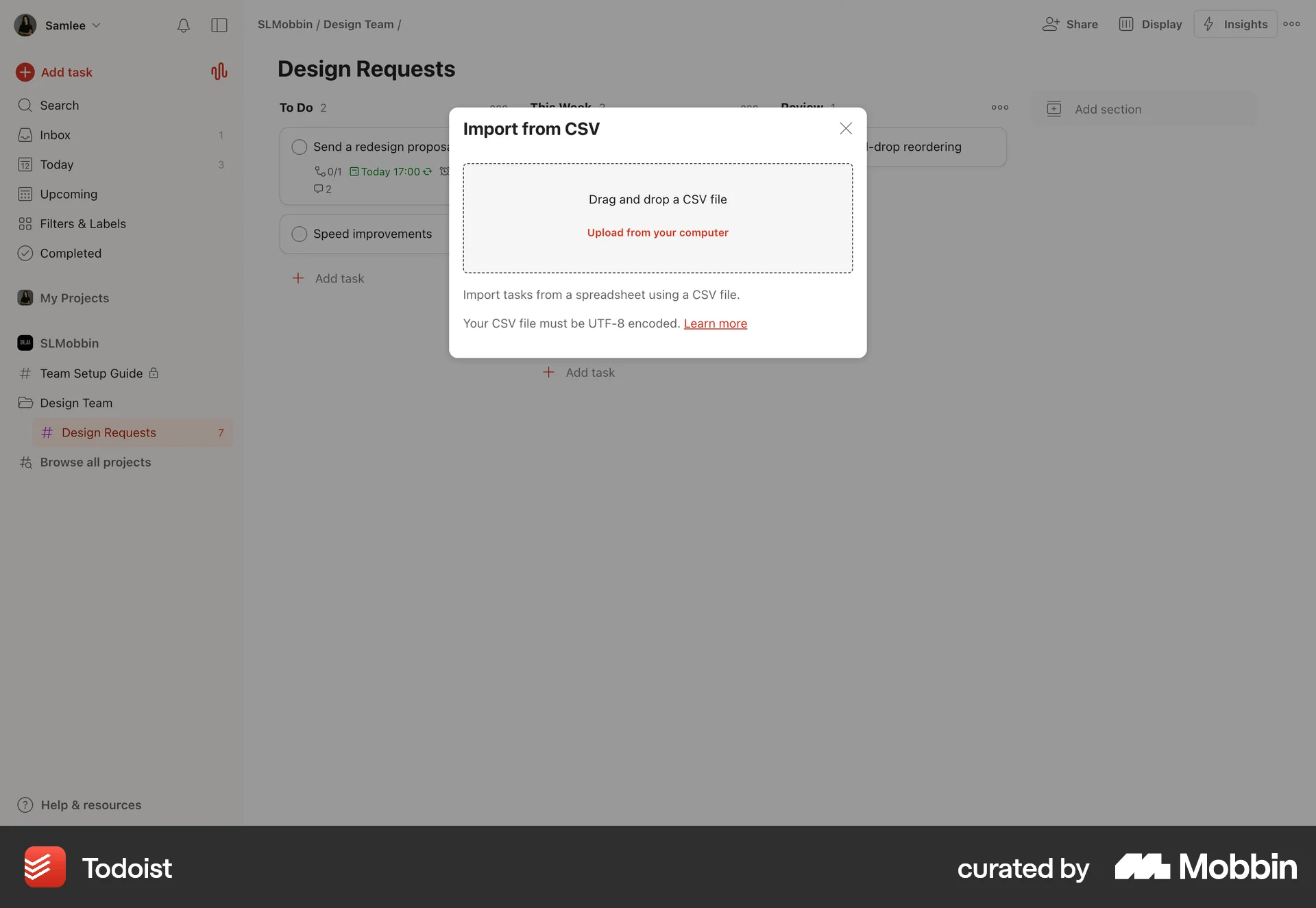 Todoist Web screen containing File Upload UI element