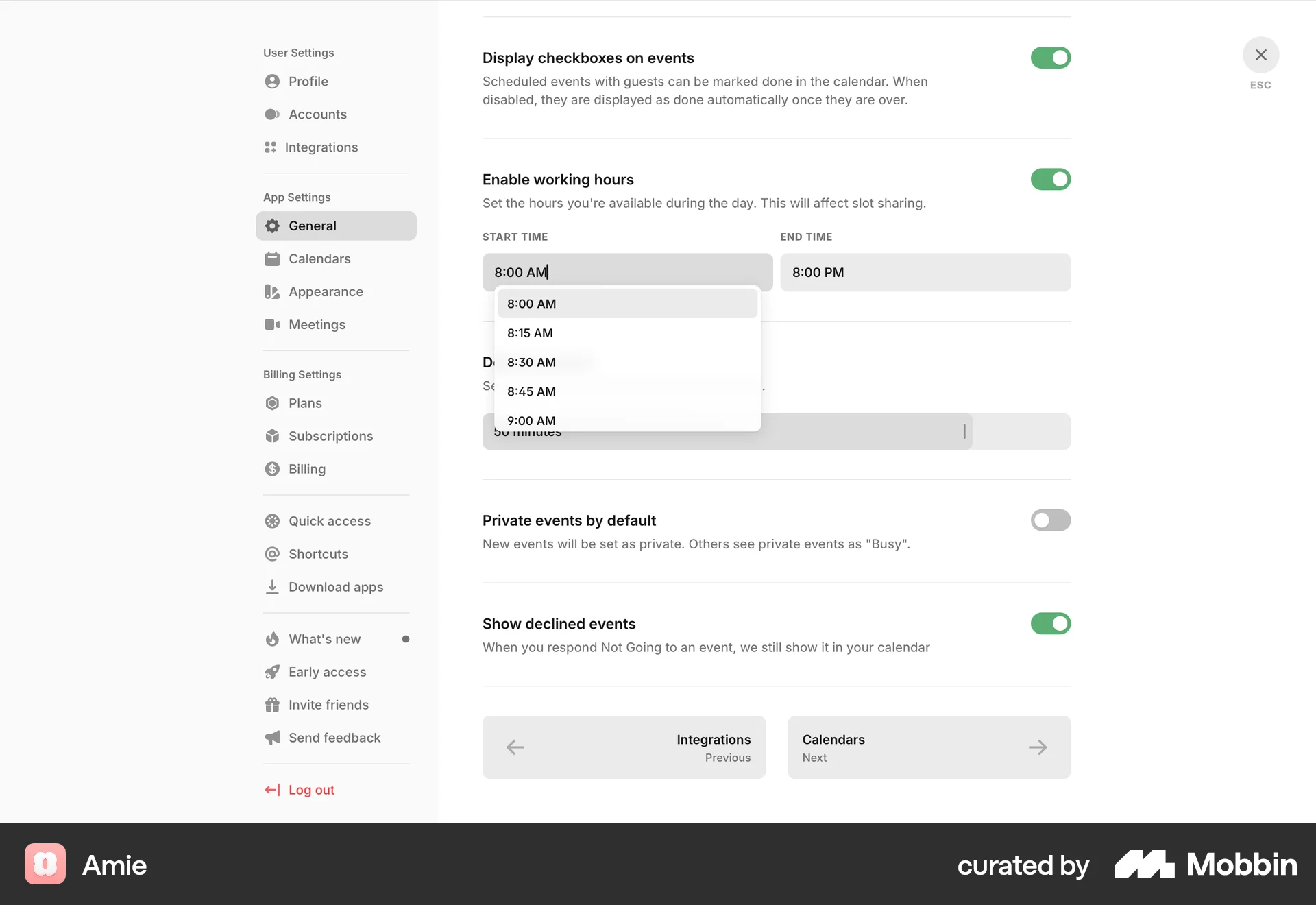 Amie Web screen containing Time Picker UI element