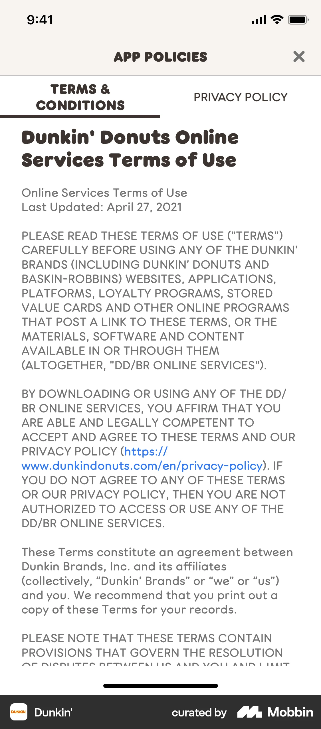 Dunkin' iOS Terms & Conditions screen