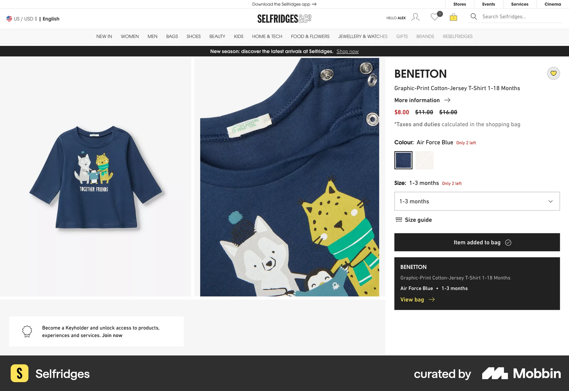 Selfridges Web screen containing Color Picker UI element