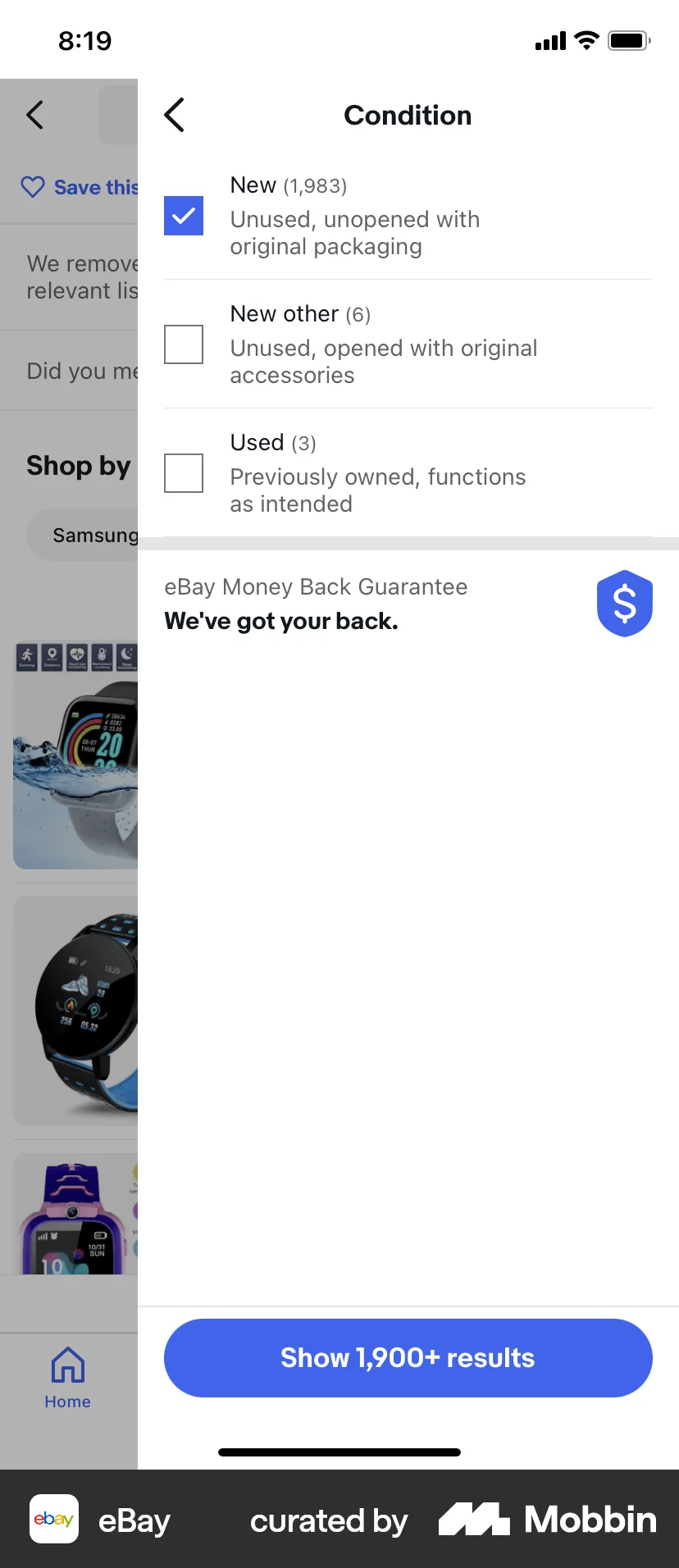eBay iOS screen containing Checkbox UI element