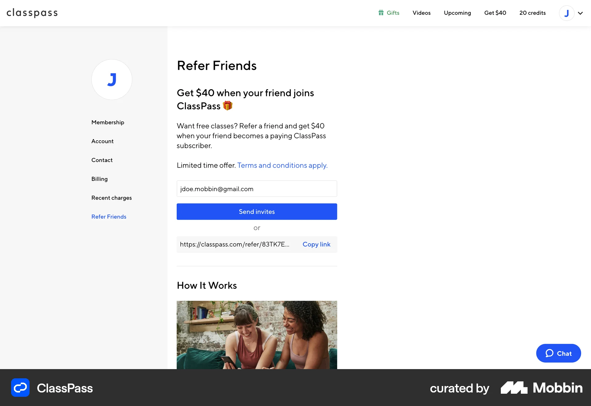 ClassPass Web Invite & Refer Friends screen