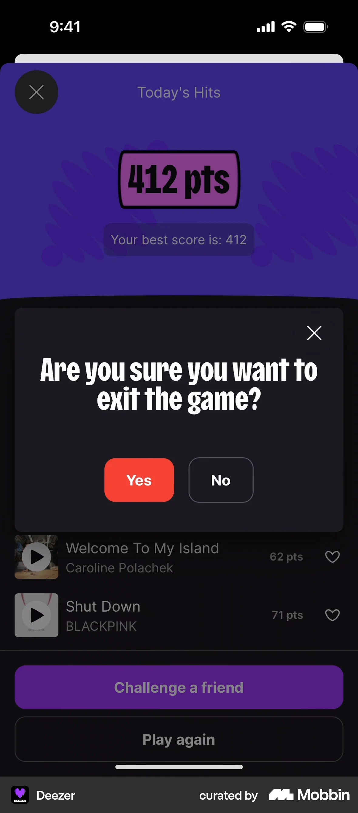 Deezer iOS Game UI screen