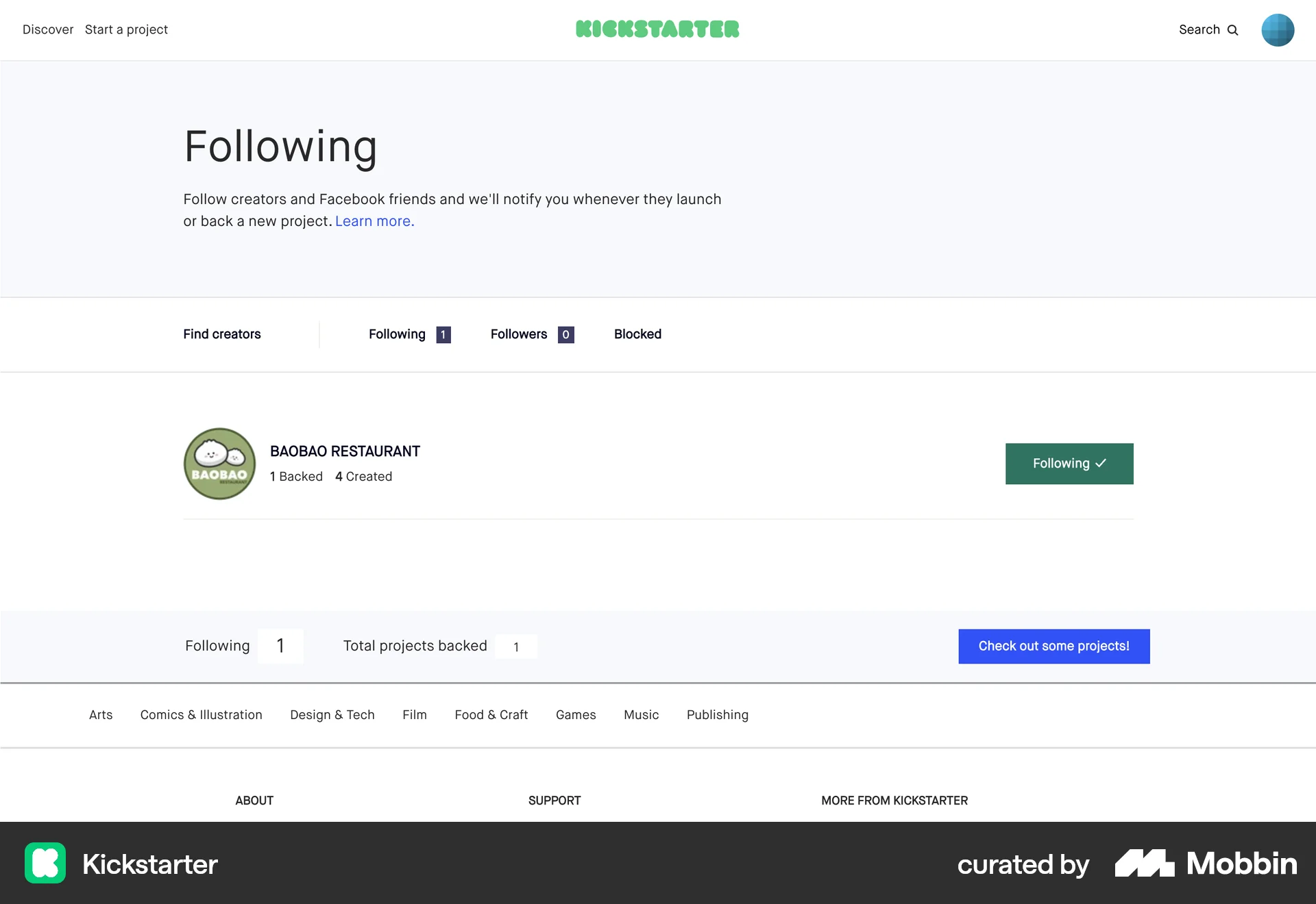 Kickstarter Web Followers & Following screen