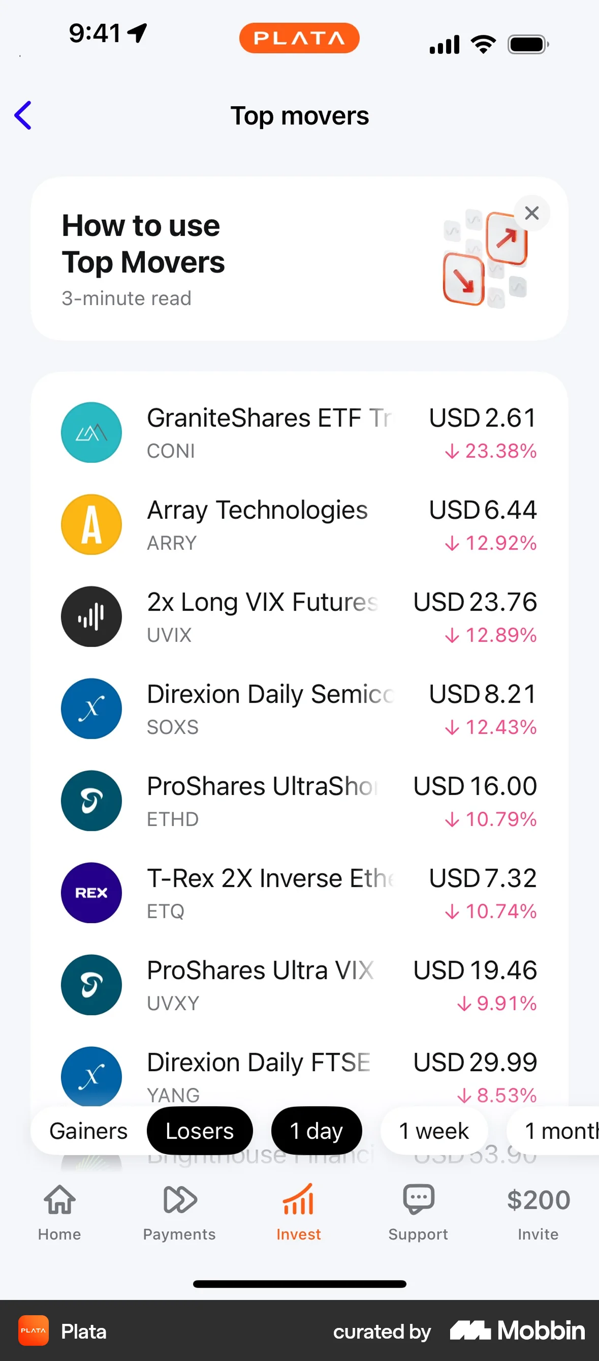 Plata Card iOS screen containing Banner UI element