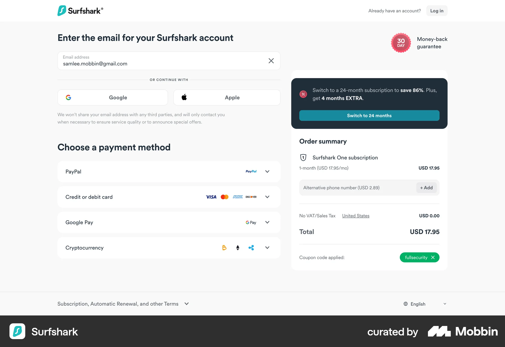 Surfshark Web Promotions & Rewards screen