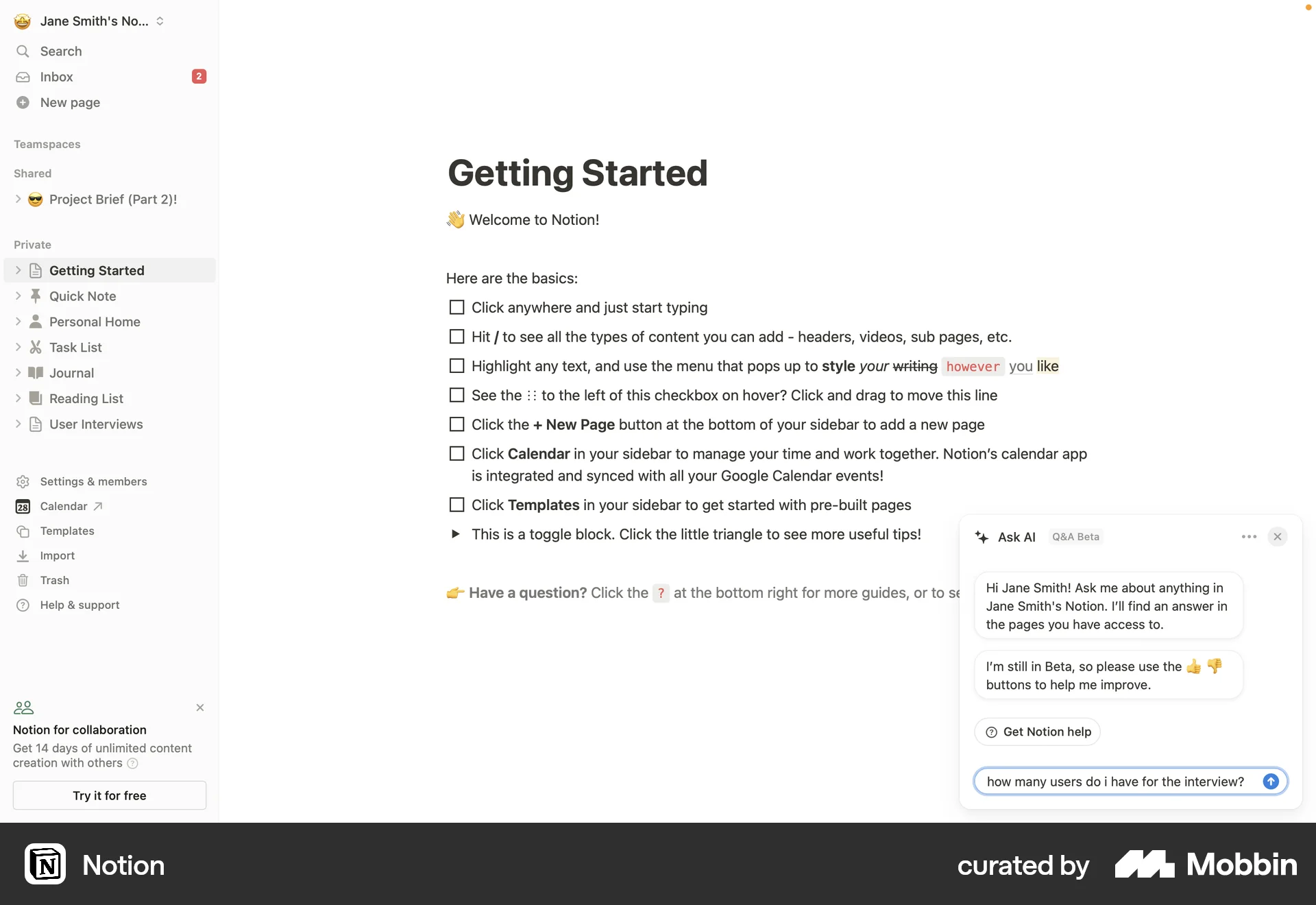 Notion Web Chat Bot screen