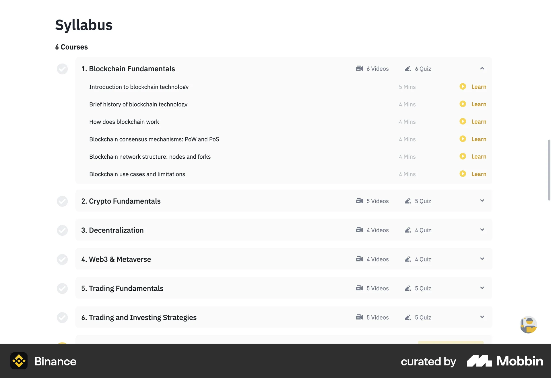 Binance Web Class & Lesson Detail screen