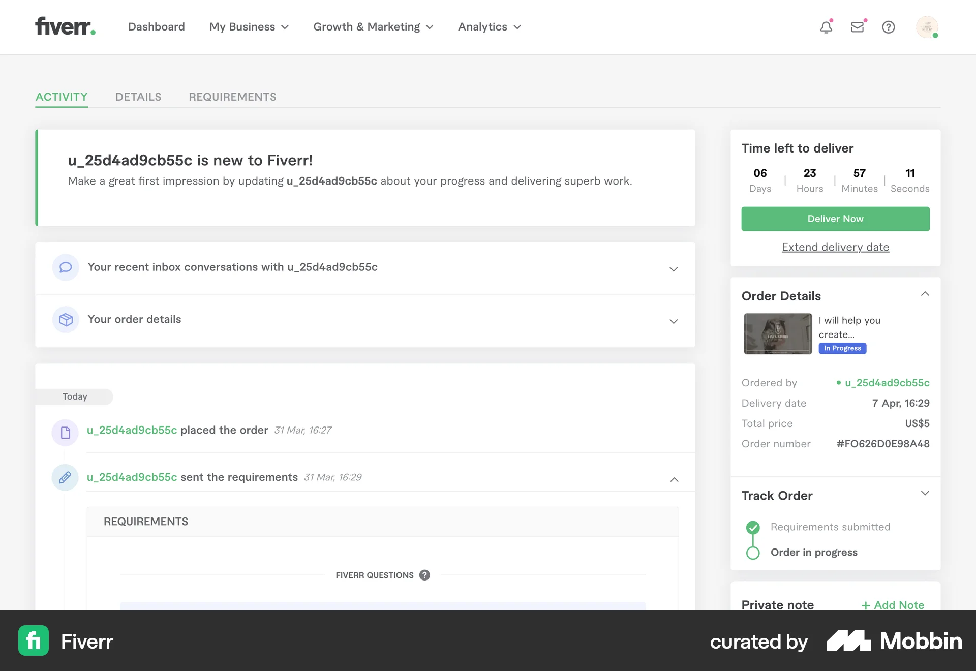 Fiverr Web Order Detail screen
