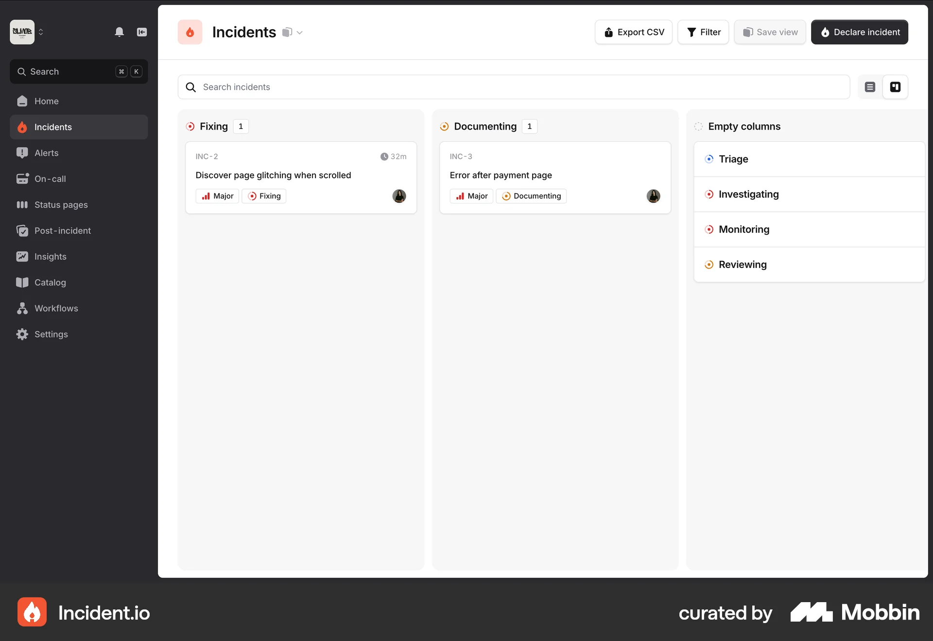 incident.io Web Kanban Board screen