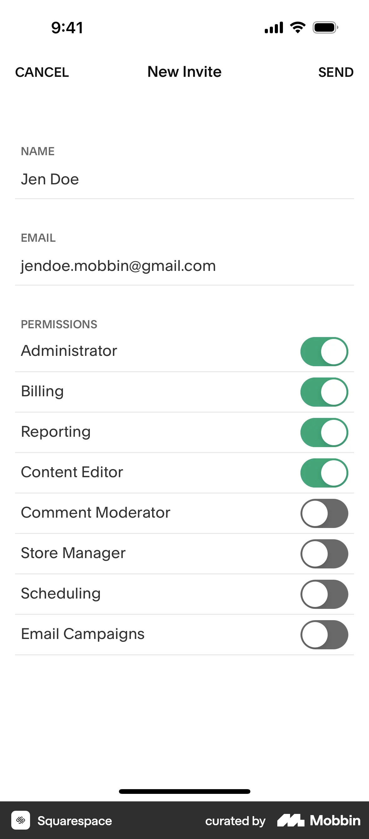 Squarespace iOS Invite Teammates screen