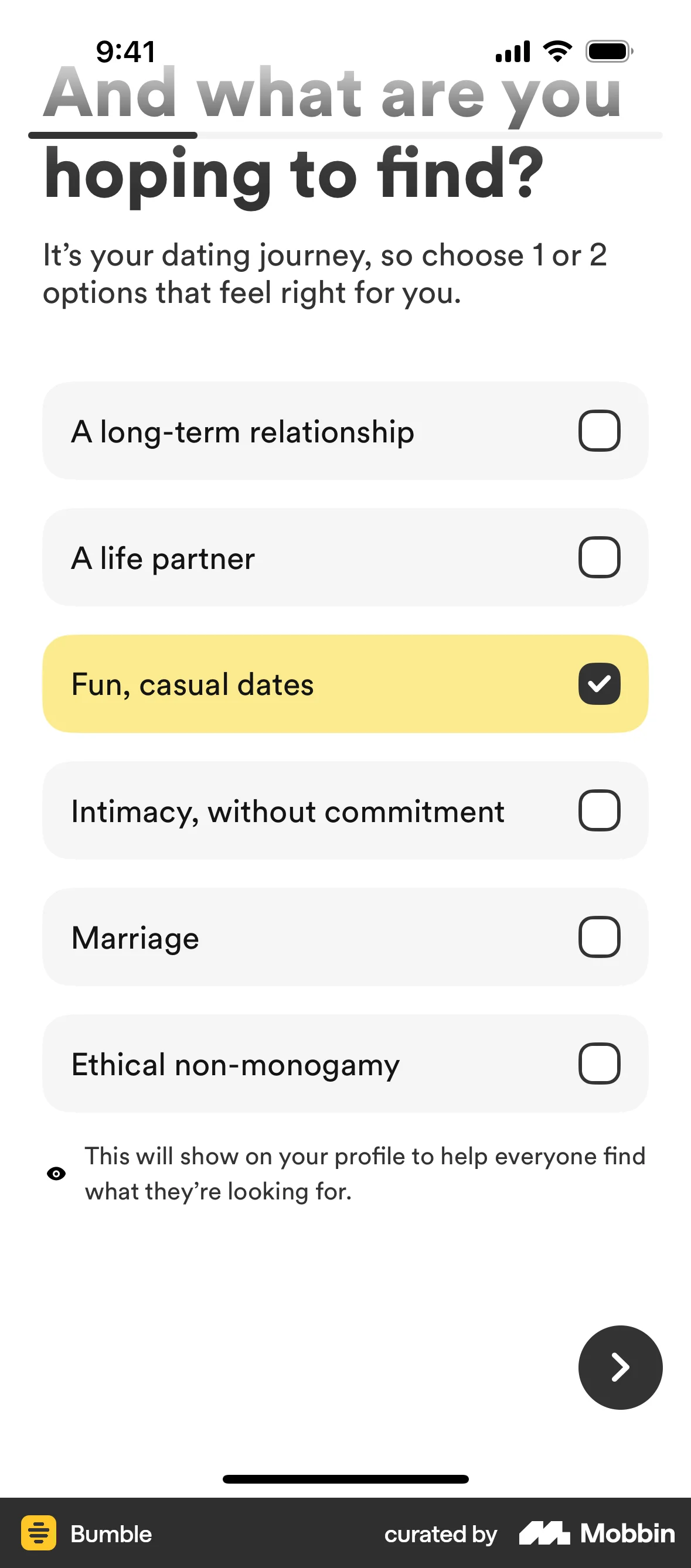 Bumble iOS screen containing Checkbox UI element
