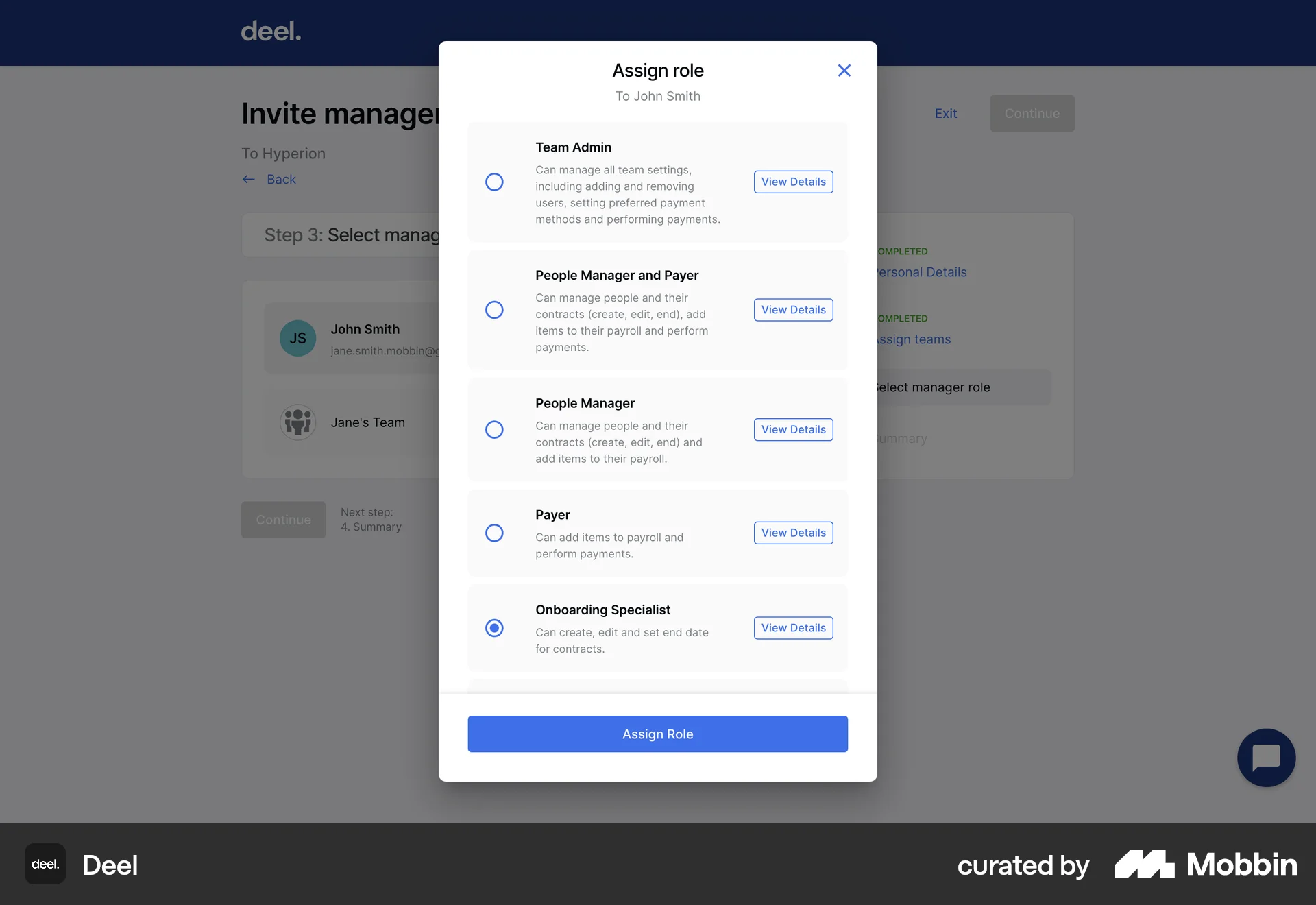 Deel Web screen containing Radio Button UI element