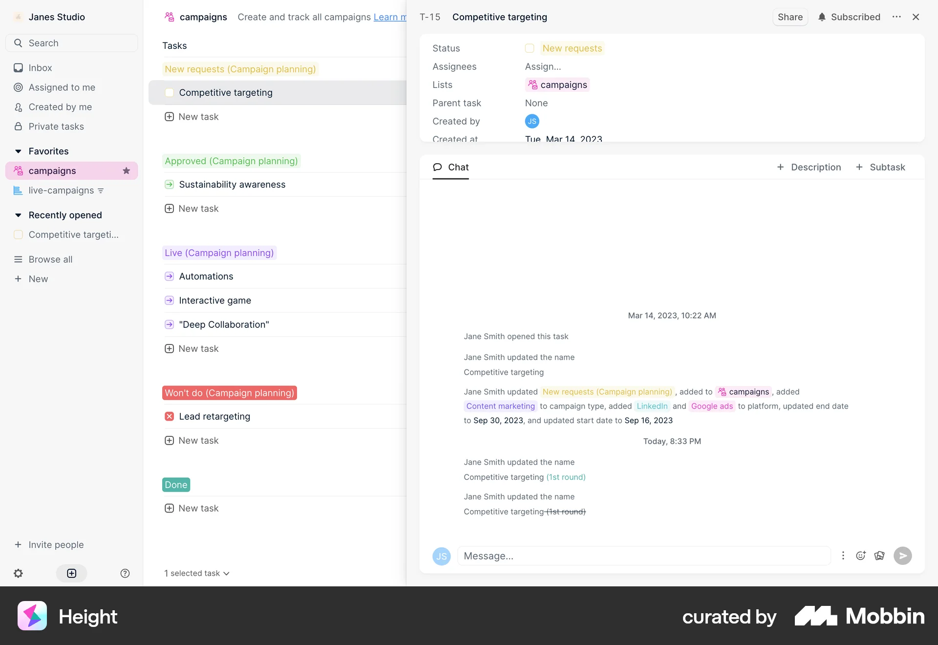 Height Web Goal & Task screen