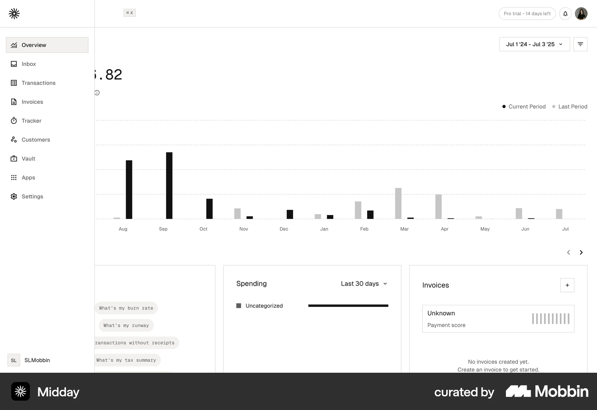 Midday Web screen containing Side Navigation UI element