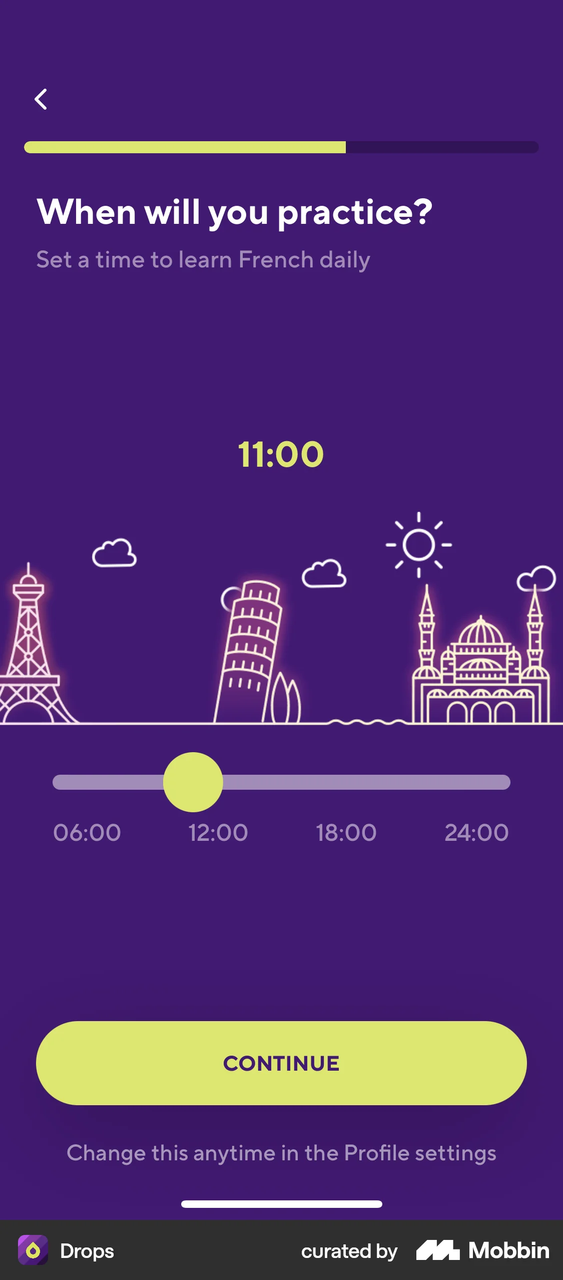 Drops iOS screen containing Time Picker UI element