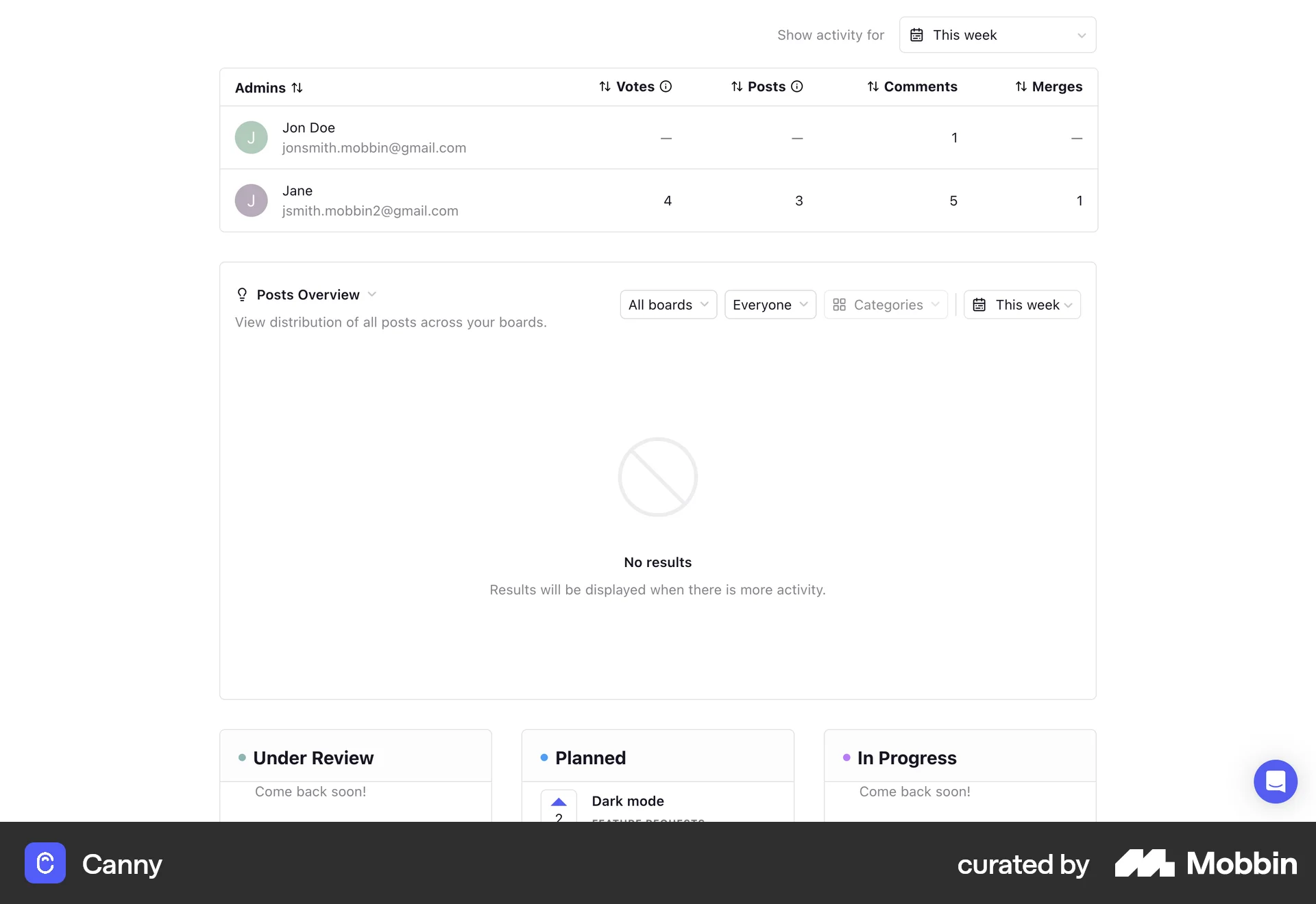 Canny Web Admin Dashboard screen
