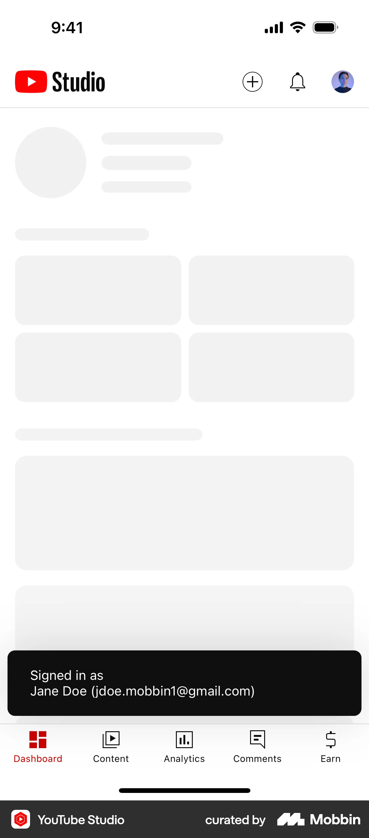 YouTube Studio iOS screen containing Skeleton UI element