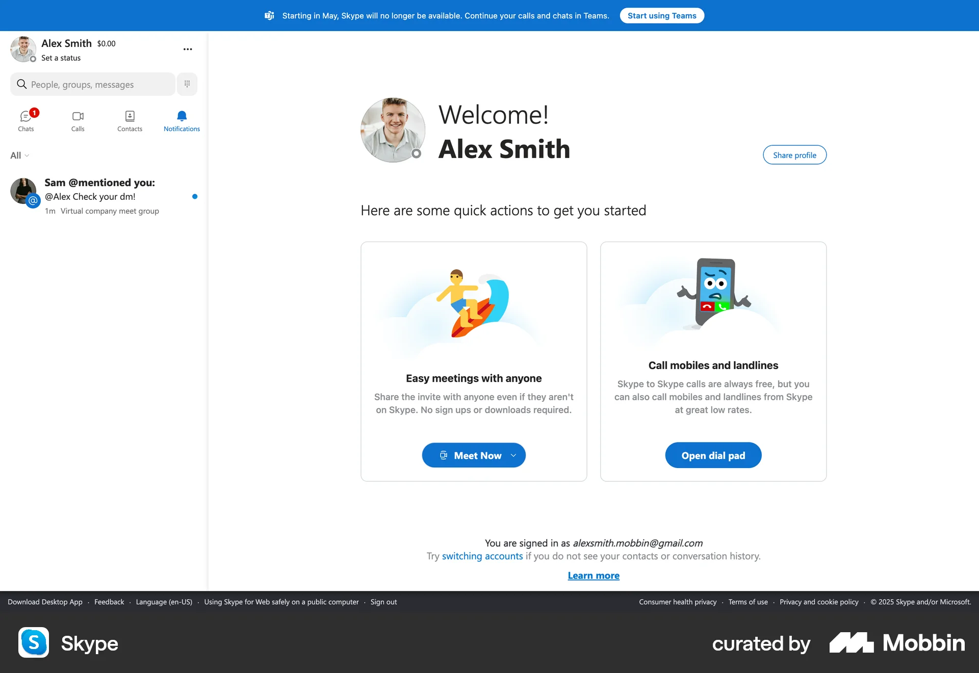Skype Web Notifications screen