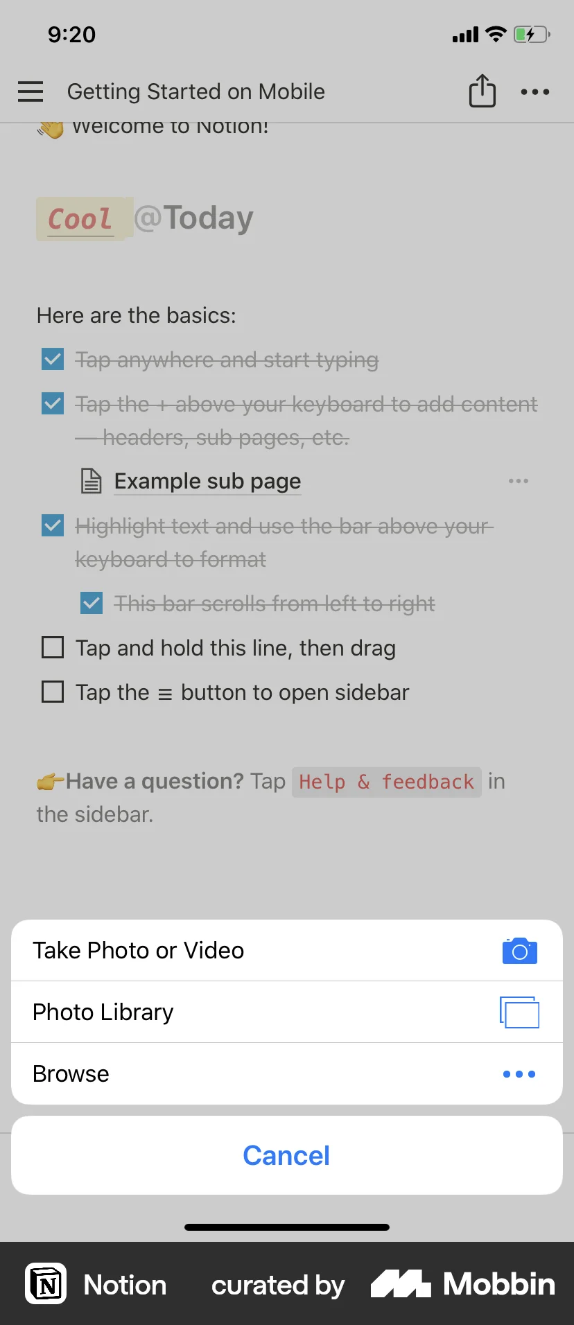 Notion iOS screen containing Action Sheet UI element