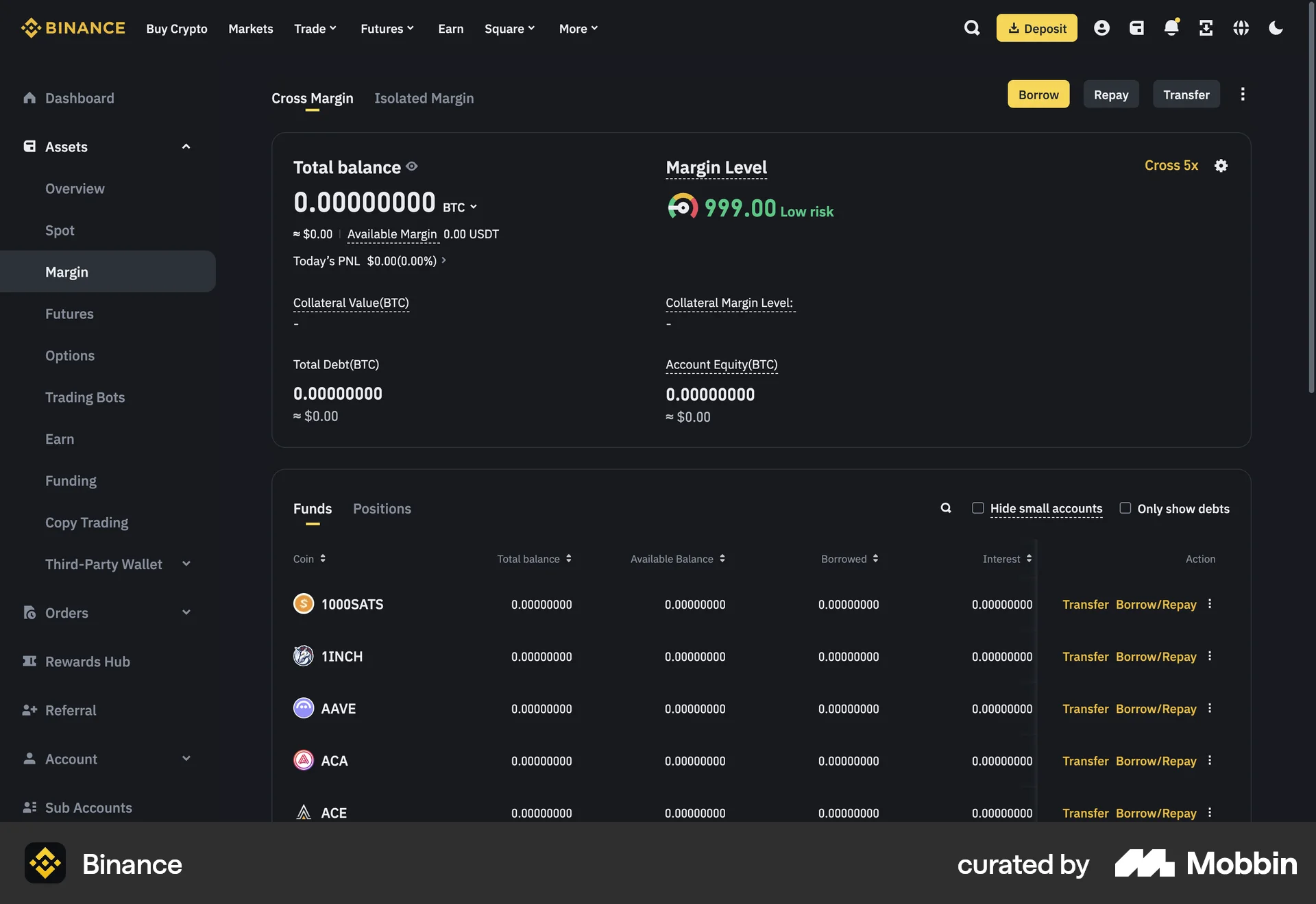 Binance Web screen containing Side Navigation UI element