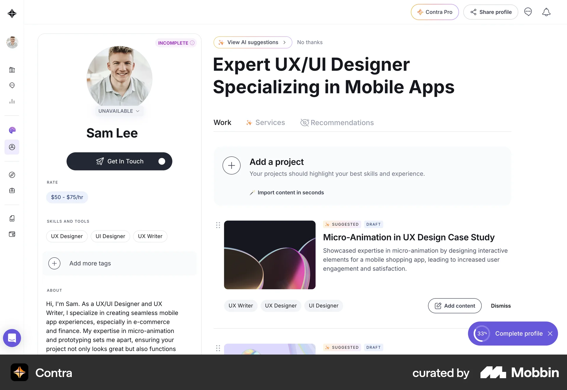 Contra Web screen containing Floating Action Button UI element