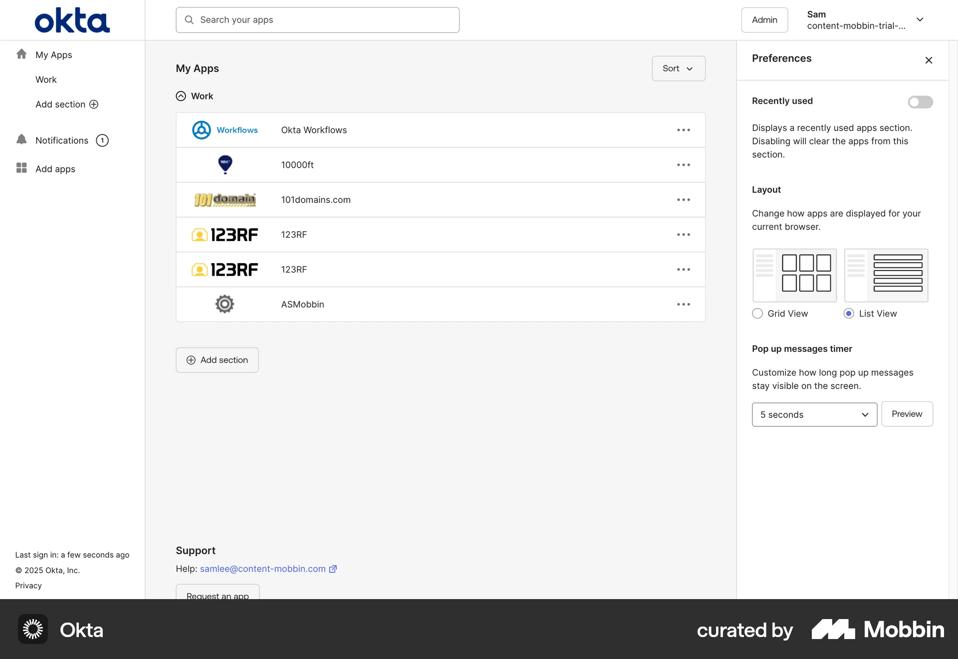 Okta Web Settings & Preferences screen
