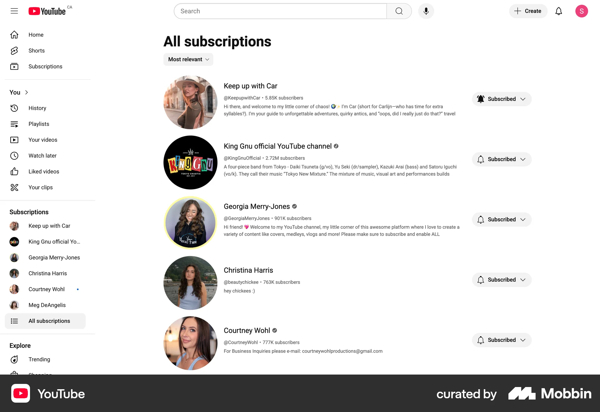 YouTube Web Followers & Following screen