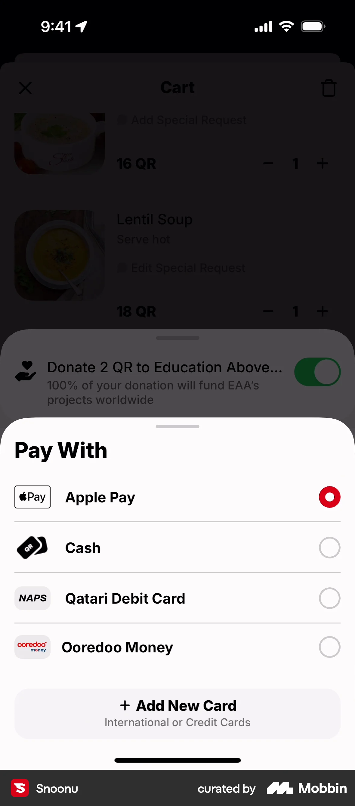 Snoonu iOS Payment Method screen