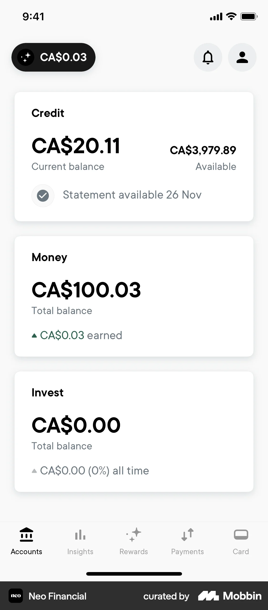 Neo Financial iOS Bank App Design screen