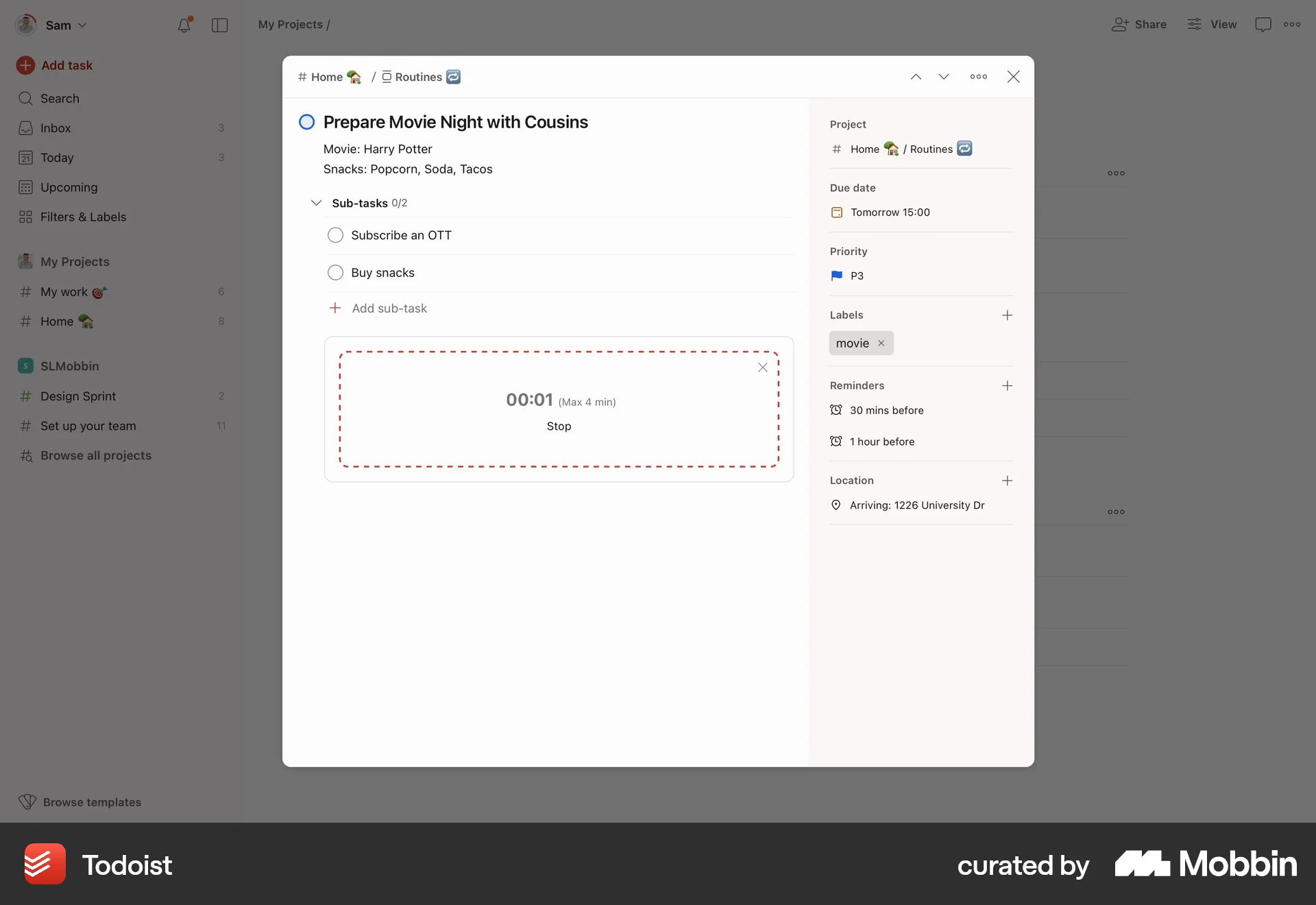 Todoist Web Timer & Clock screen