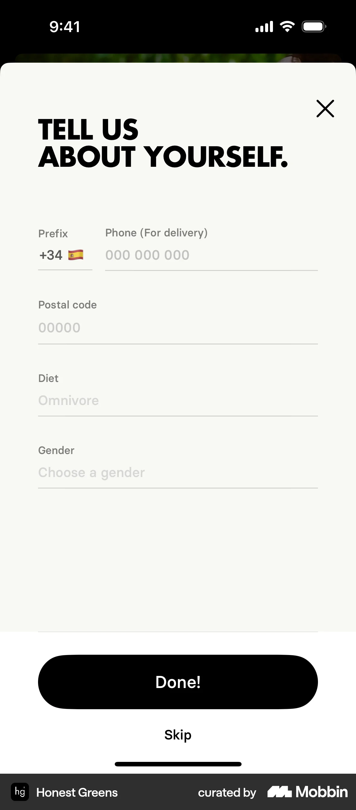 Honest Greens iOS Account Setup screen