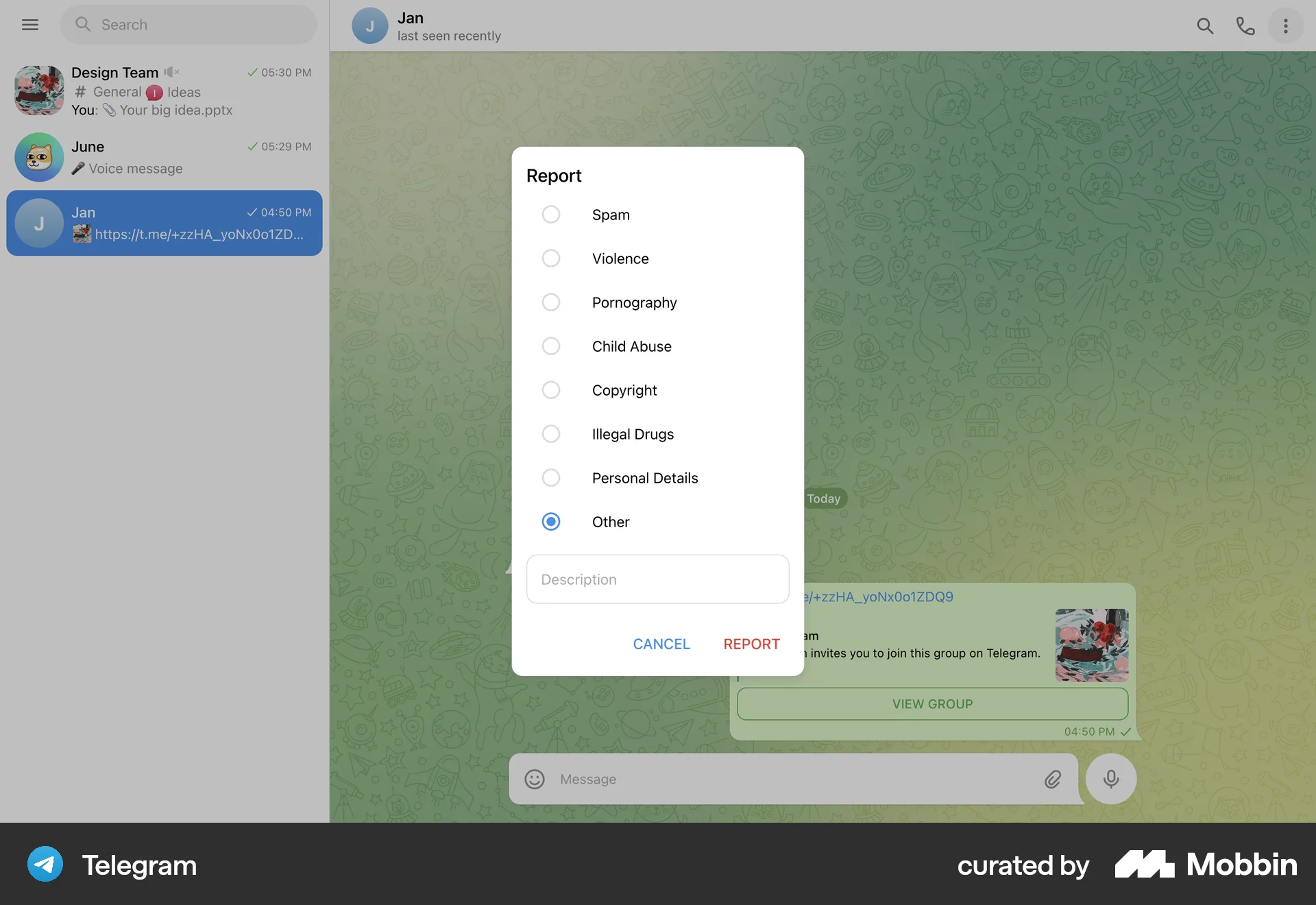 Telegram Web Flag & Report screen