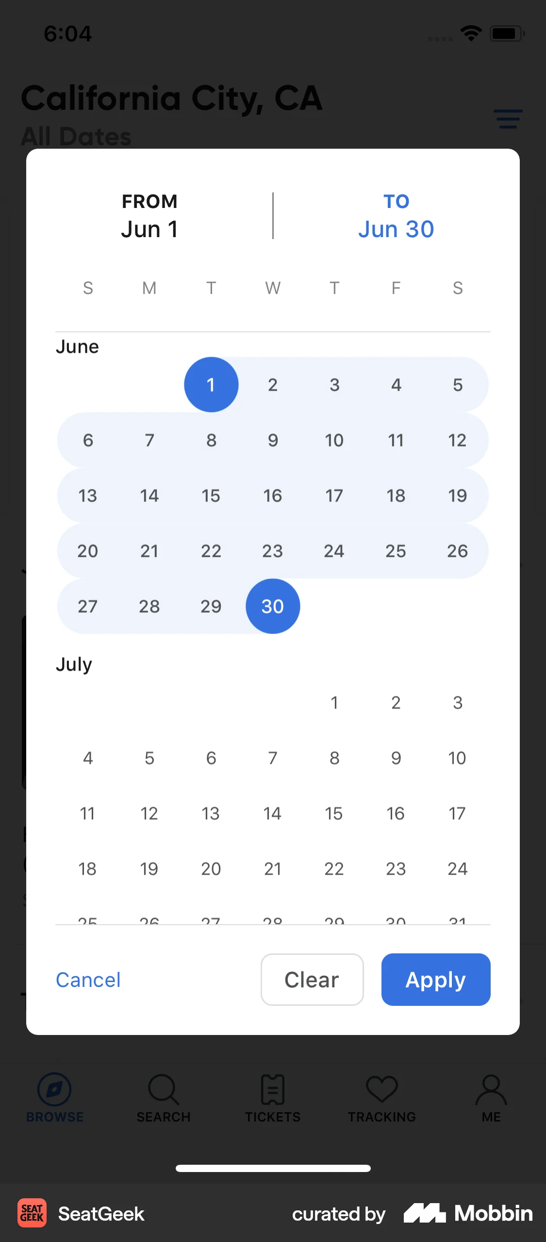 SeatGeek iOS Calendar screen