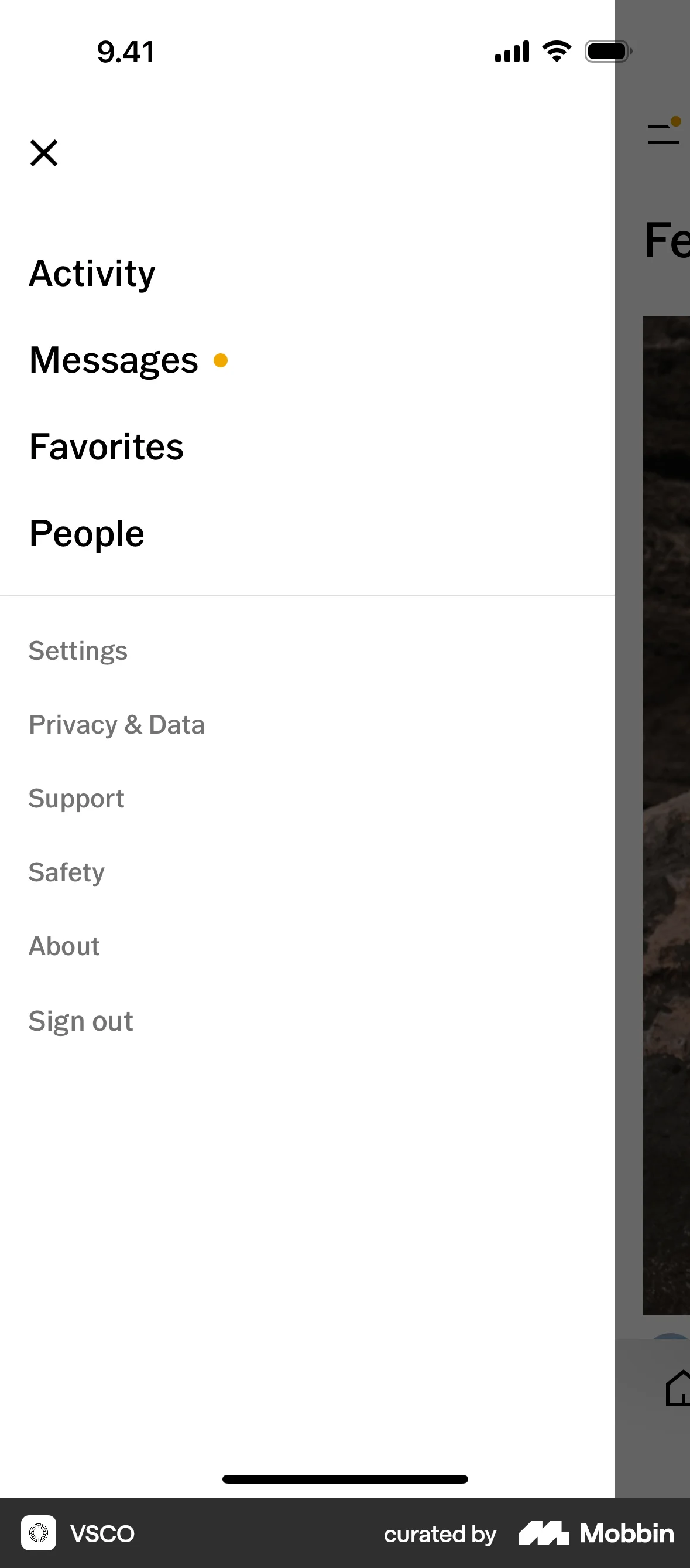 VSCO iOS screen containing Side Navigation UI element