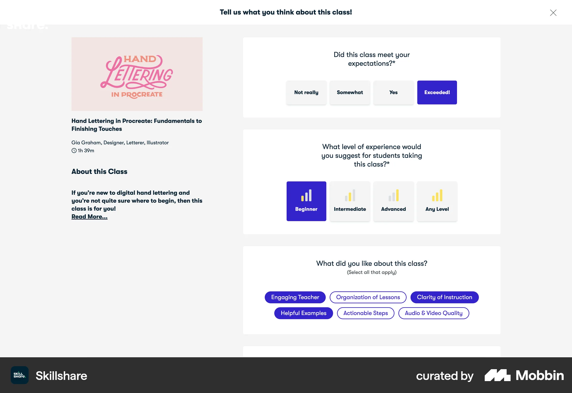 Skillshare Web Reviews & Ratings screen