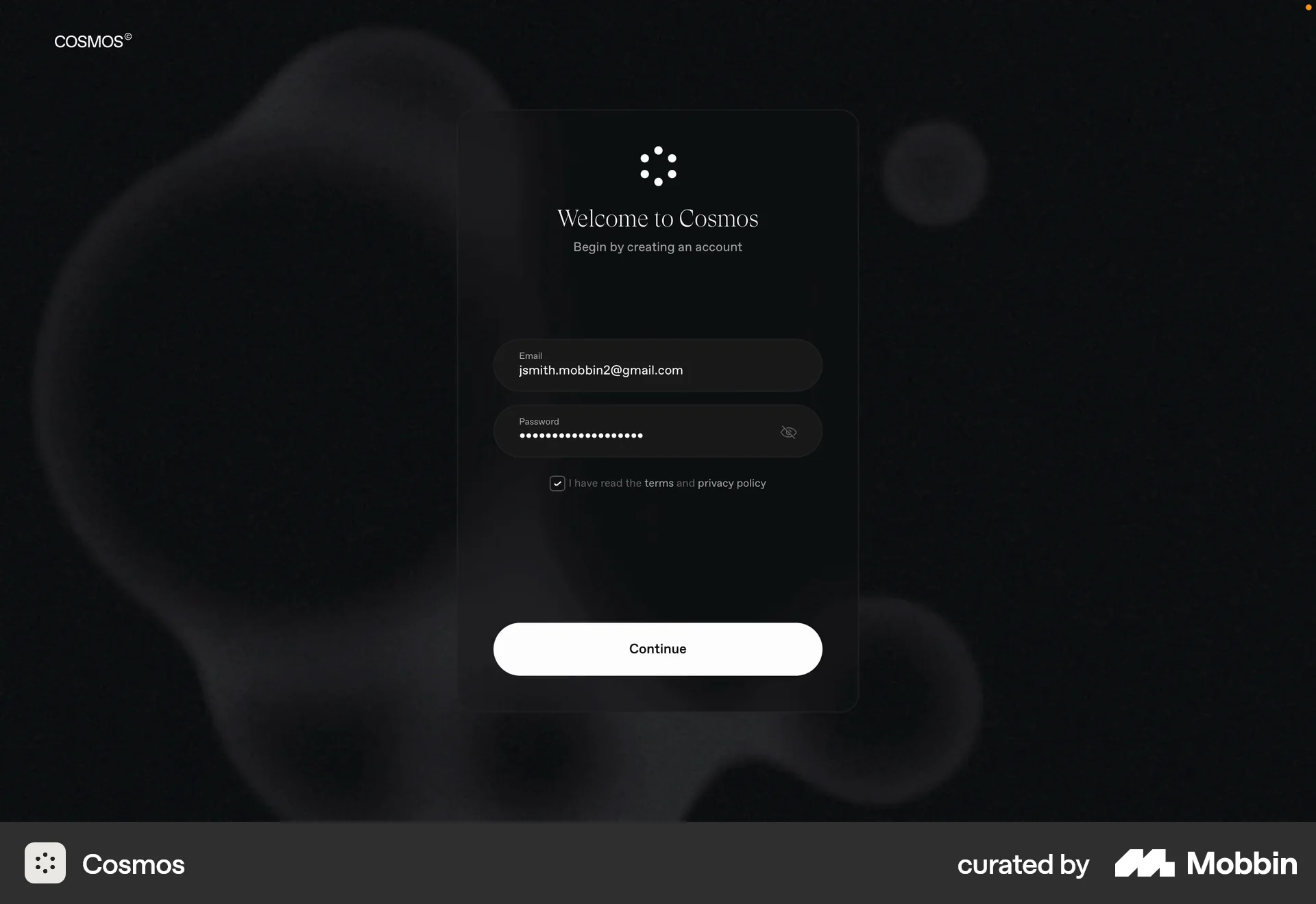 Cosmos Web Signup screen