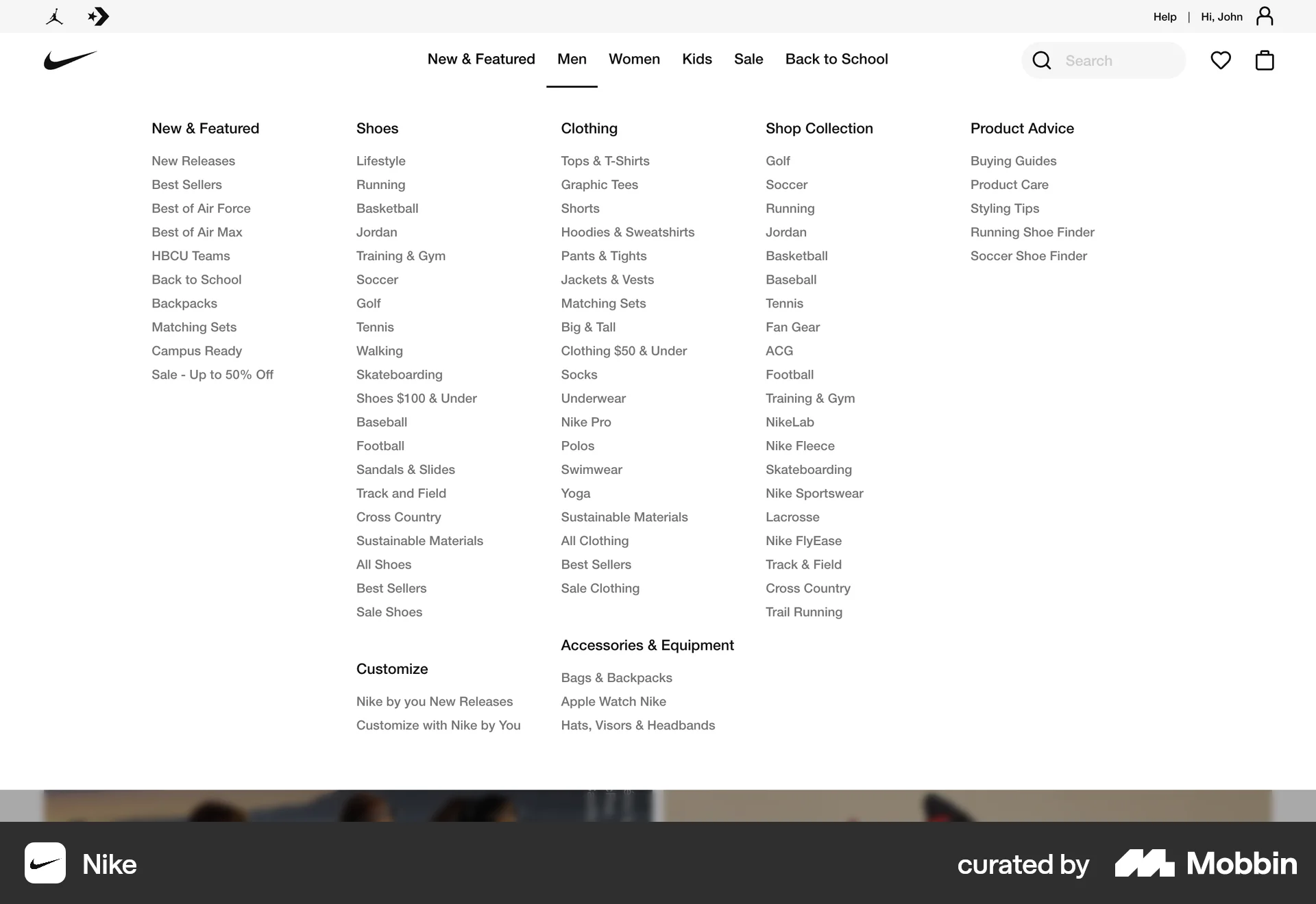 Nike Web screen containing Navigation Menu UI element