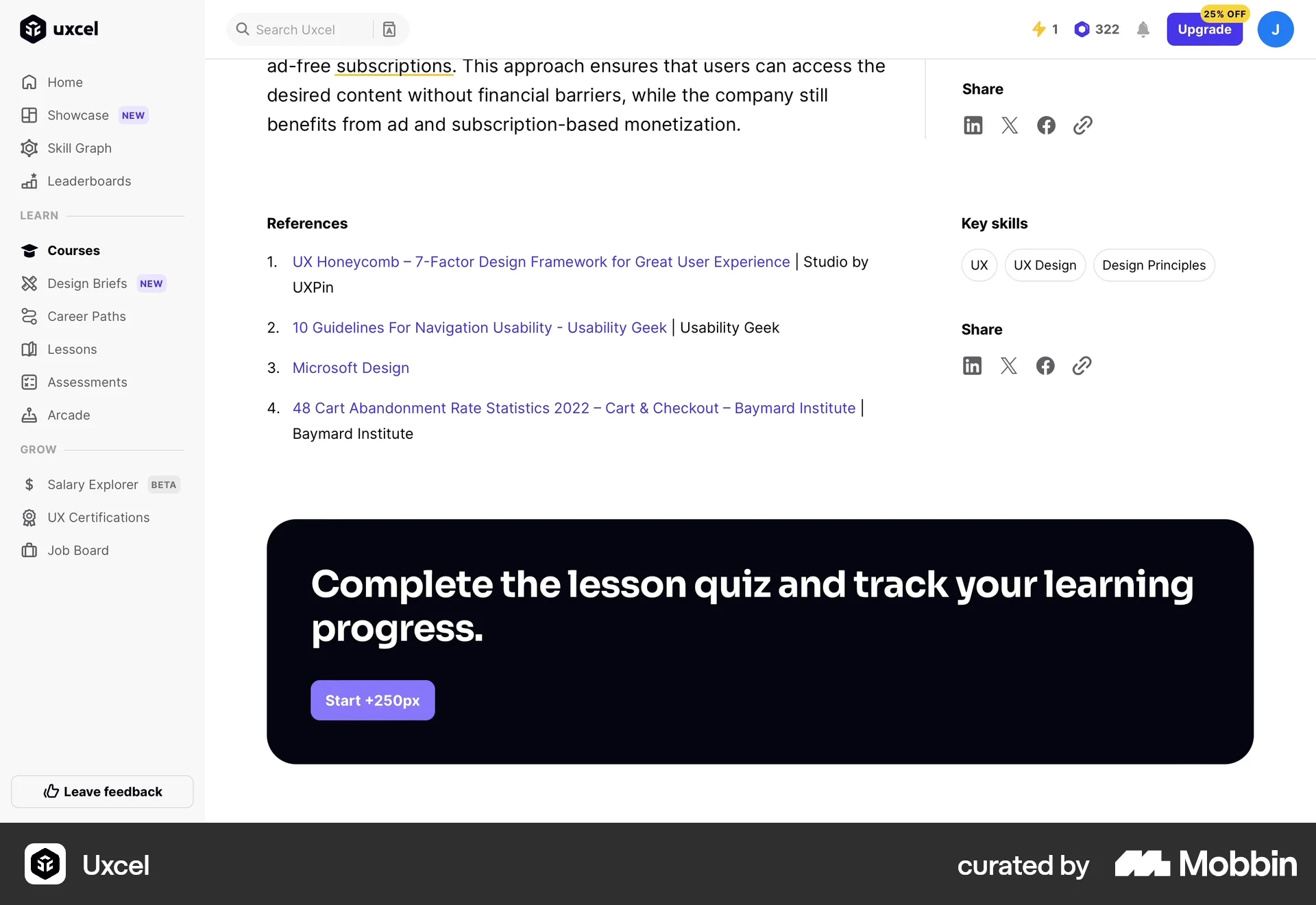 Uxcel Web Class & Lesson Detail screen